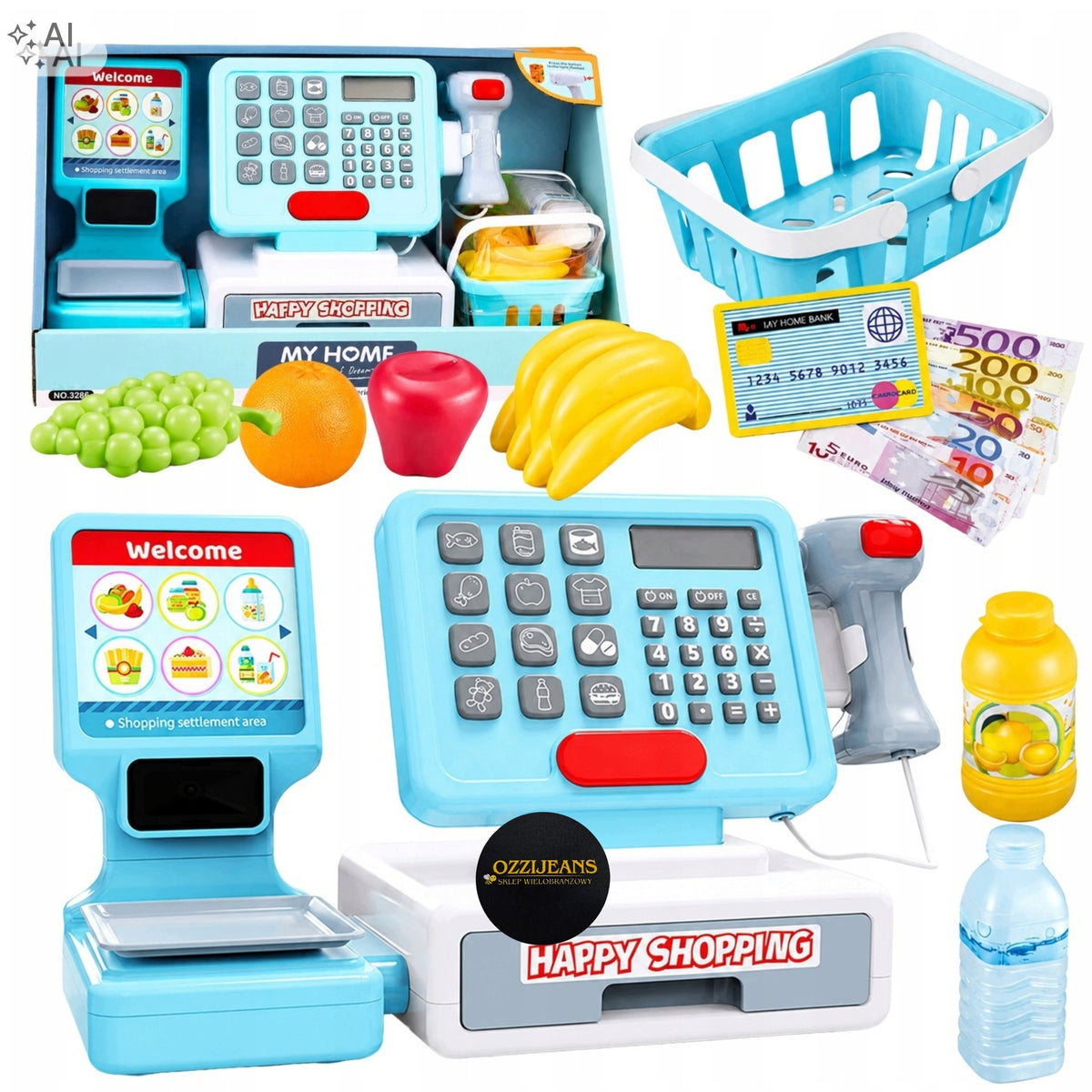 Shop Cash Register Fiscal Toy Interactive Scanner Basket Weight Set XXL