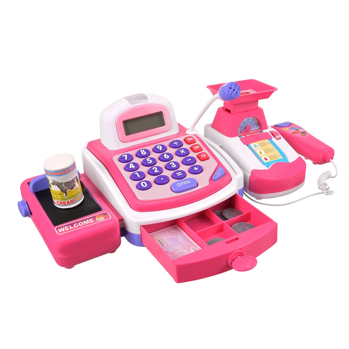 Shop Cash Register Fiscal for Kids Interactive Scanner Weight Terminal Gift Manufacturer code Kasa sklepowa zabawkowa różowa
