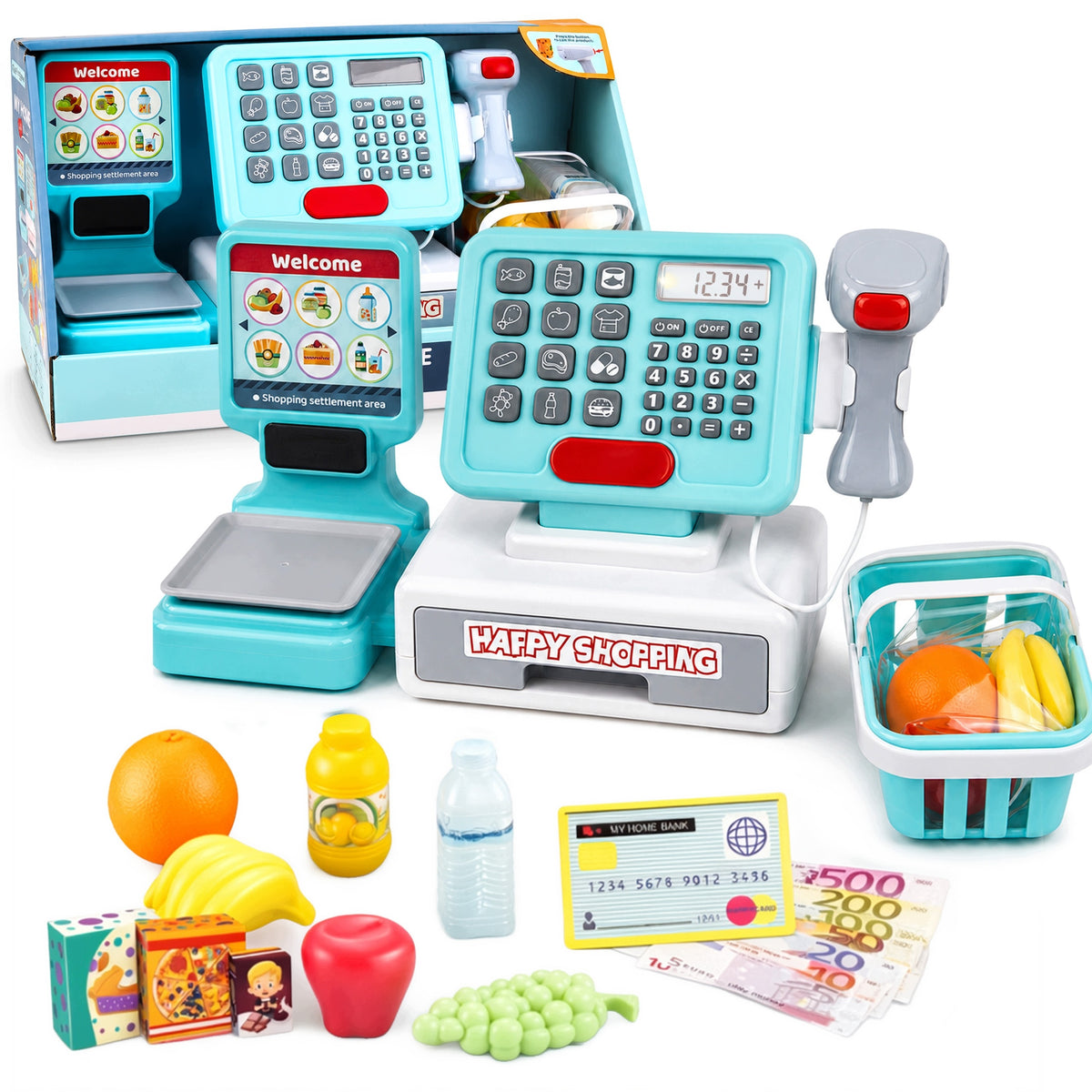 Shop Cash Register for Children Interactive Scanner Weight Basket Sounds Fiscal