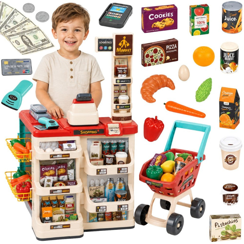 Shop Supermarket with Shopping Cart Weight Cash Register Scanner + 48akc WOOPIE