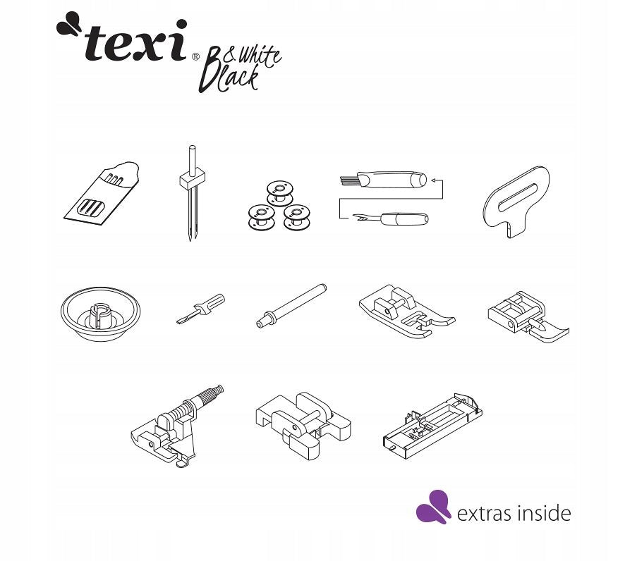 Šicí stroj TEXI BLACK&WHITE, domácí, počítačový, 200 stehů + abeceda Dominant color white