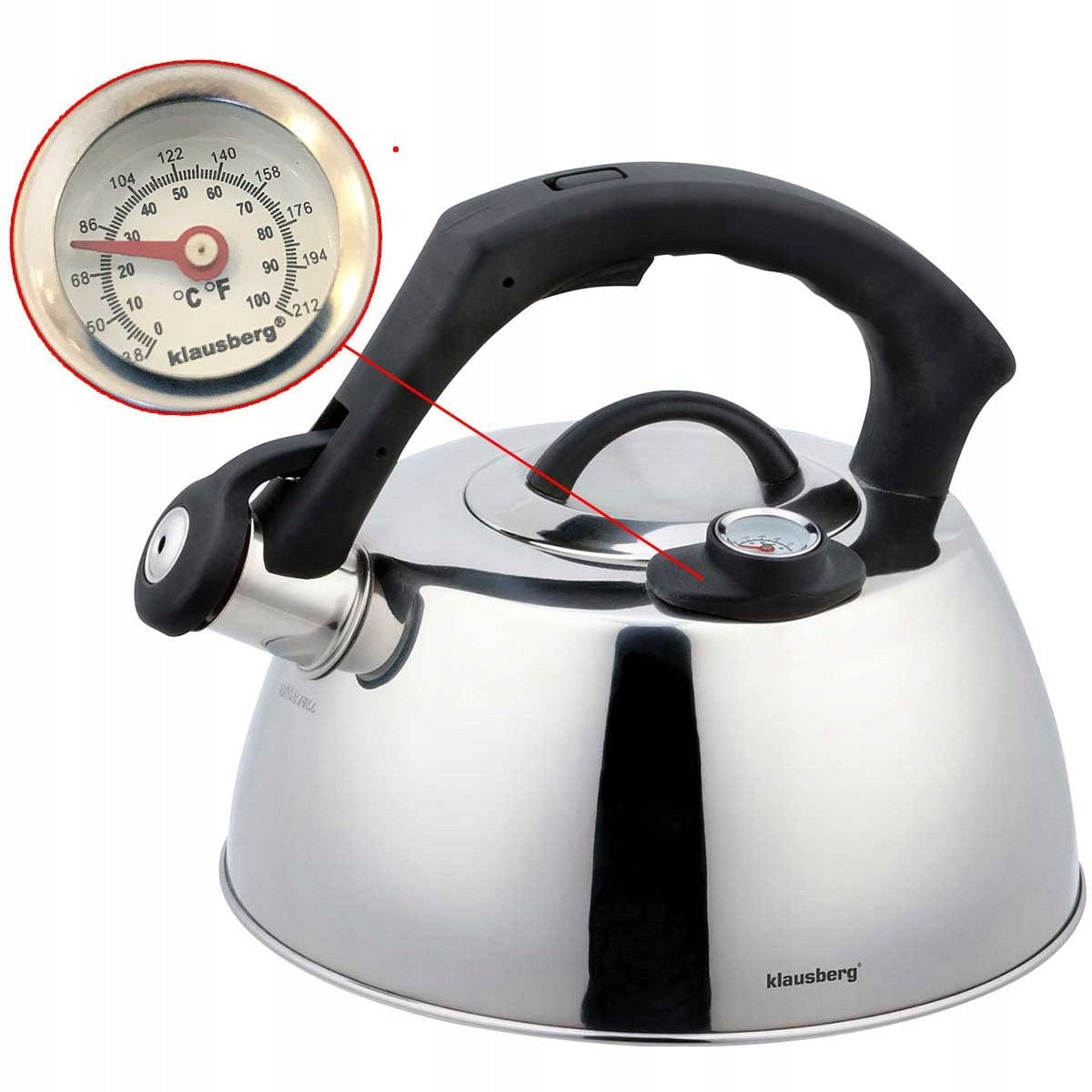 Silver kettle with WHISTLE 3L with THERMOMETER GAS INDUCTION KLAUSBERG
