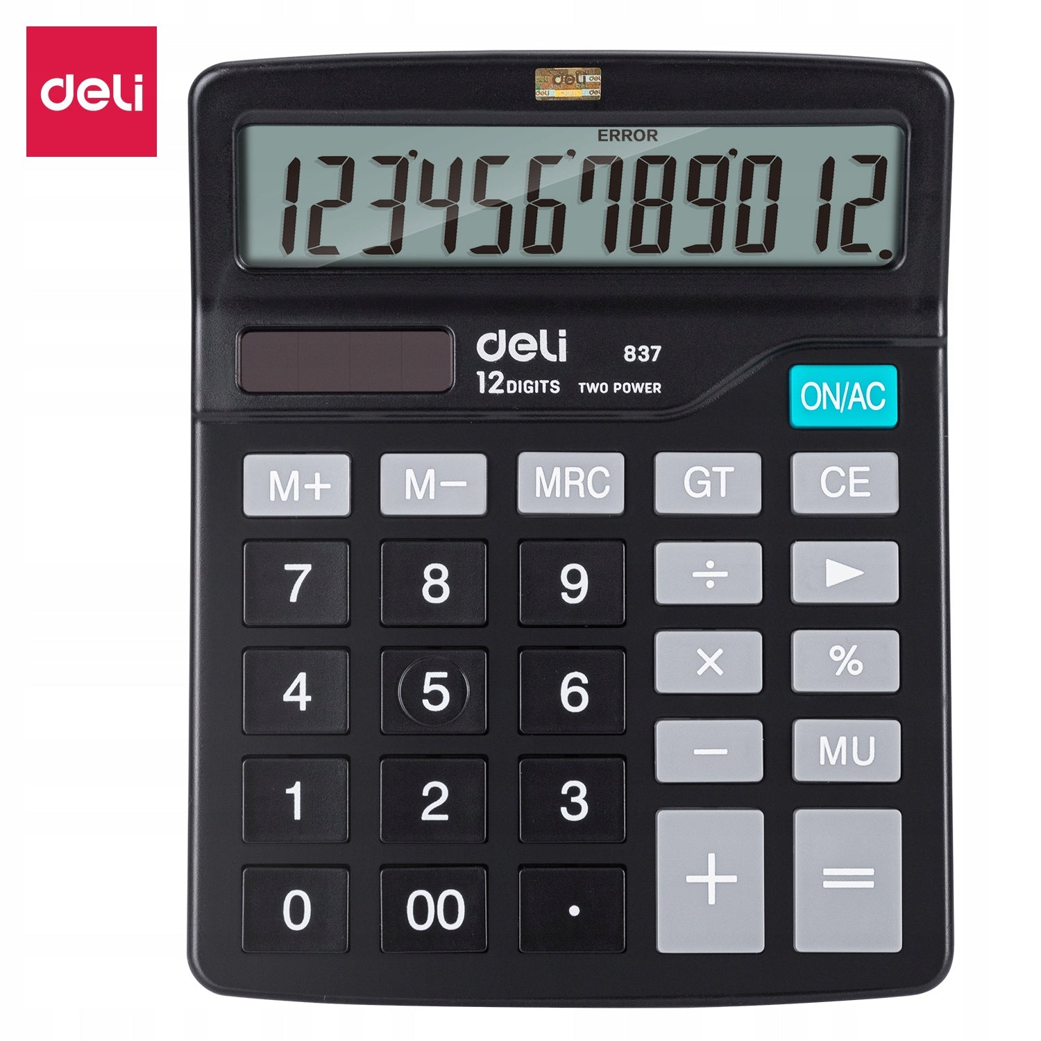 Simple office calculator Deli Dual power Solid black Packaging status original