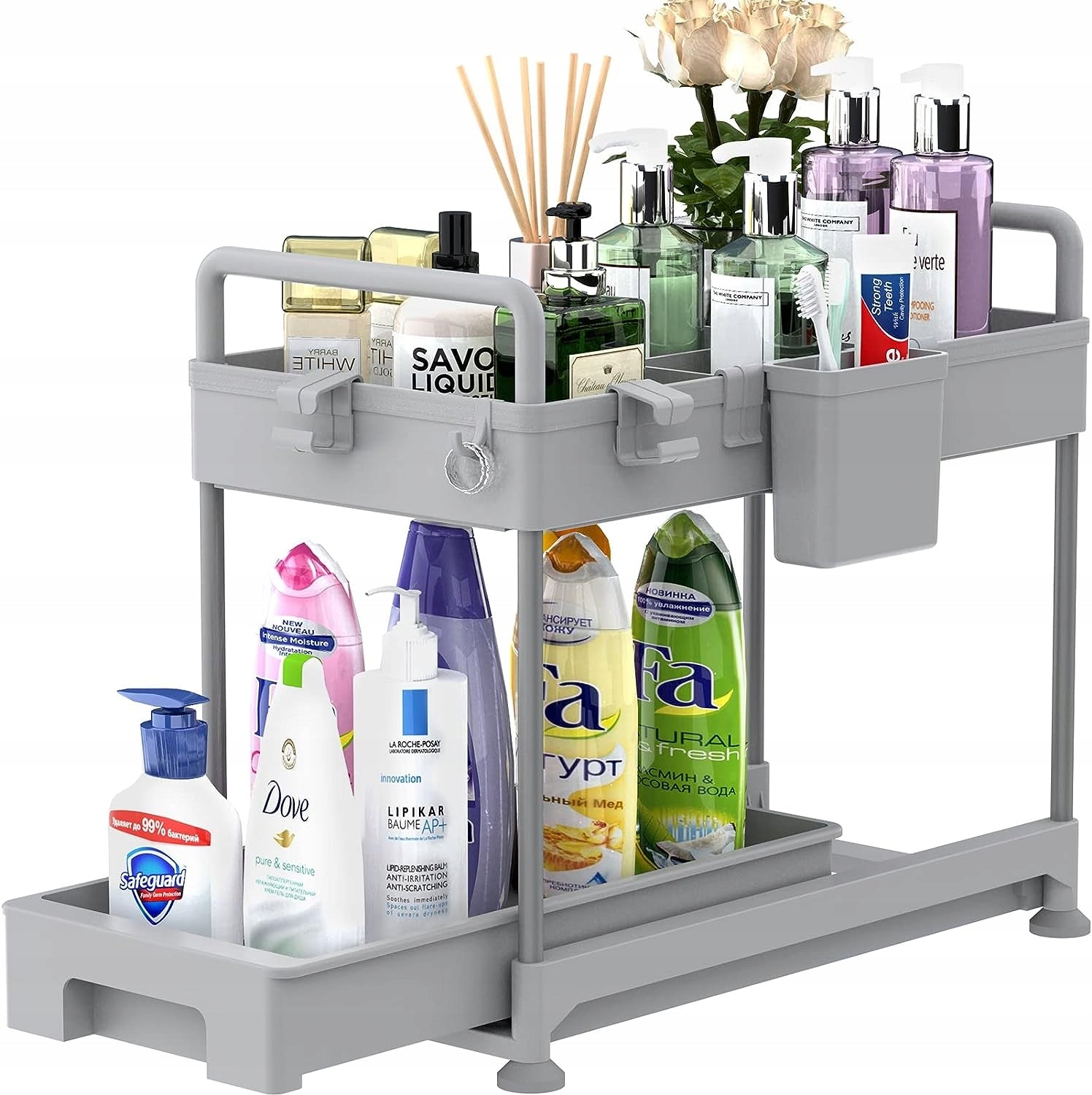 Sink Organizer for Cabinet 2-Tier Retractable Shelf Grey Loft GIFT