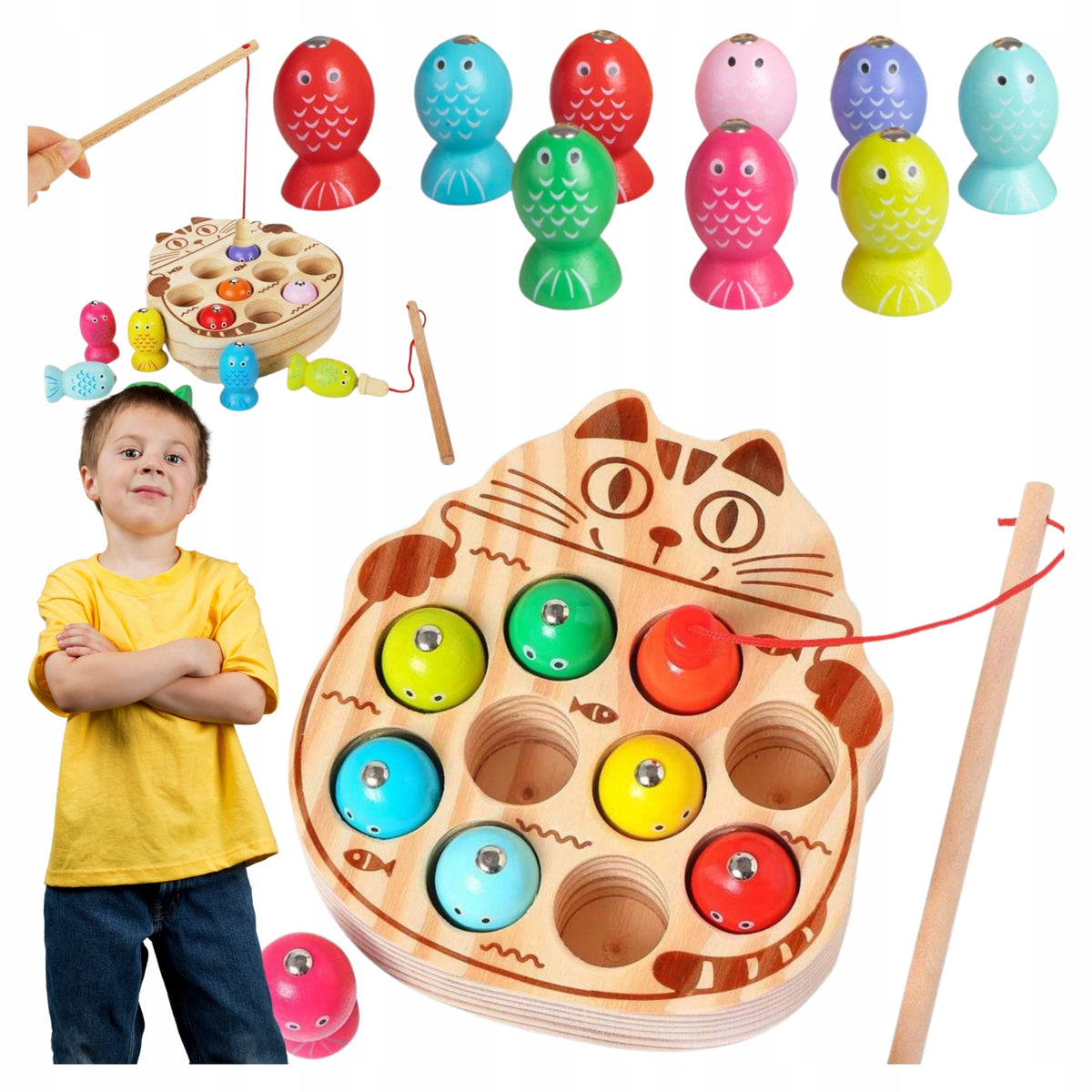 Skill game fishing for children WOODEN magnets two rods