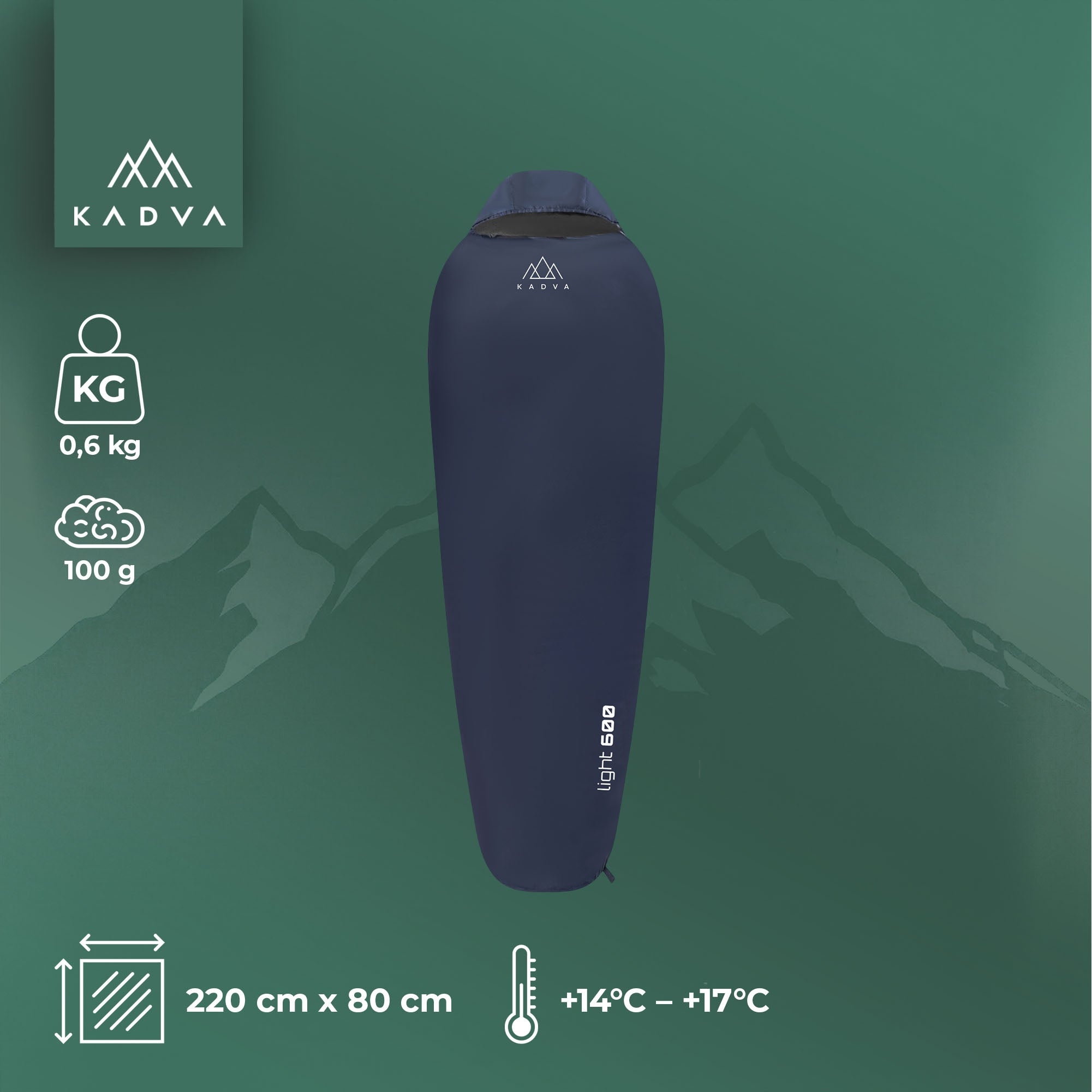 Sleeping bag KADVA Light 600 R right navy blue 220x80 Tourist with cover Lightweight Manufacturer code KDV-B4B052-GY