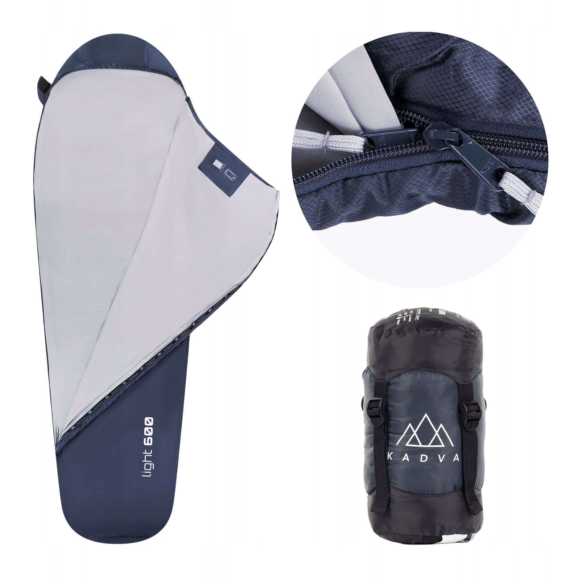 Sleeping bag KADVA Light 600 R right navy blue 220x80 Tourist with cover Lightweight
