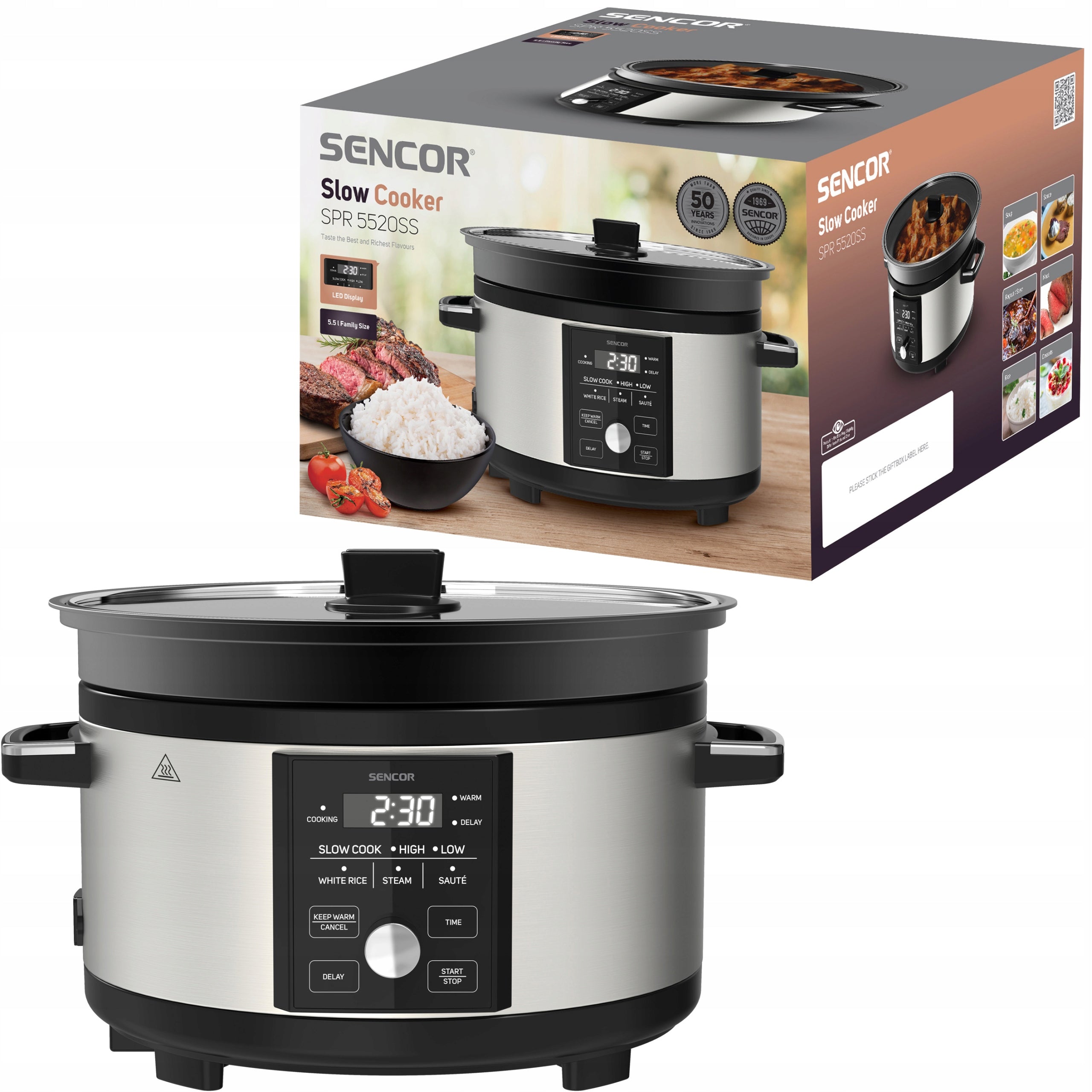 Slow Cooker Sencor SPR5520SS Bowl 5.5L 1000W 5 cooking programs INOX