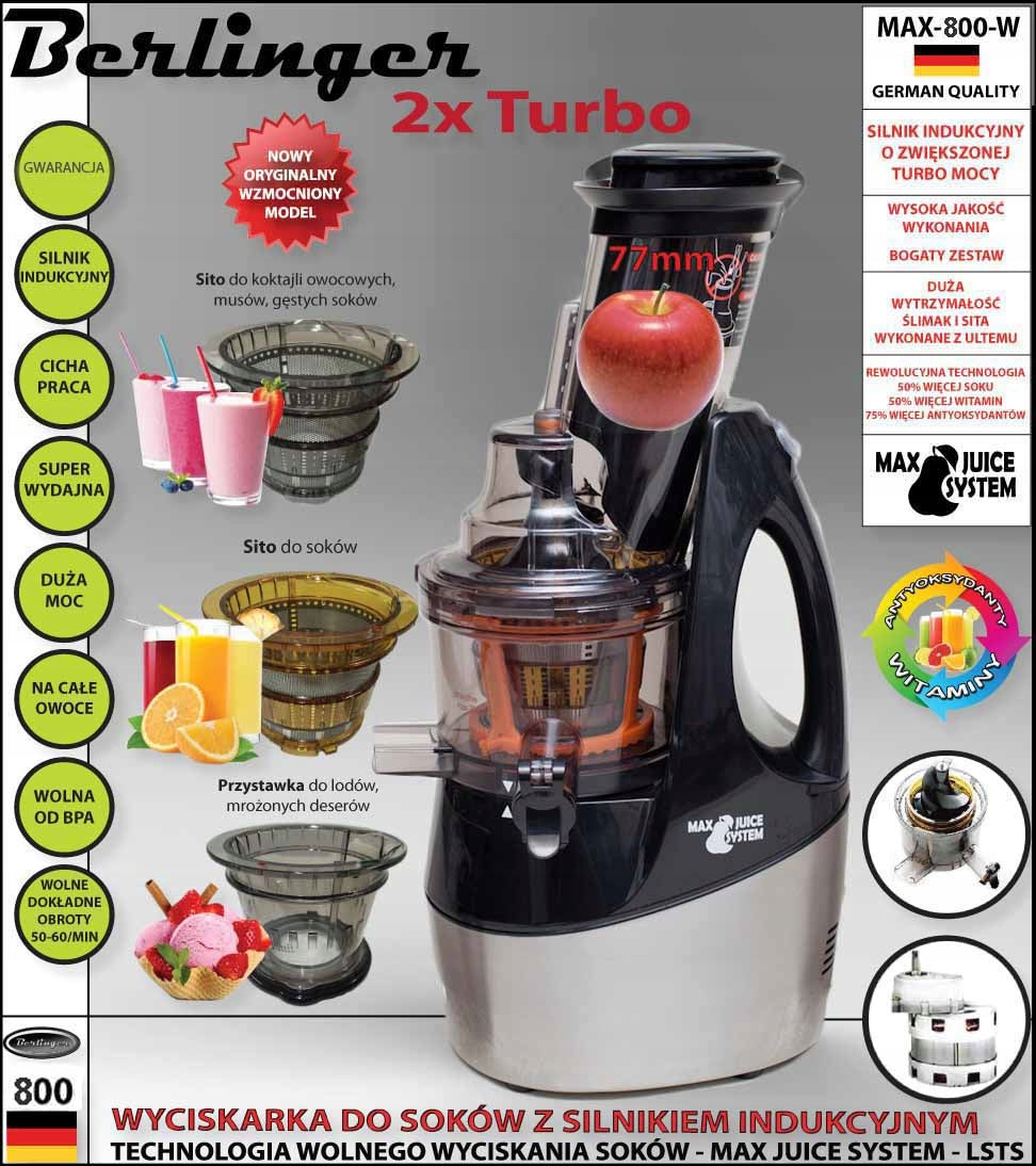 Slow juicer Berlinger 800W strong juicer 3 sieves large hole Manufacturer code wyciskarka-800_CZ