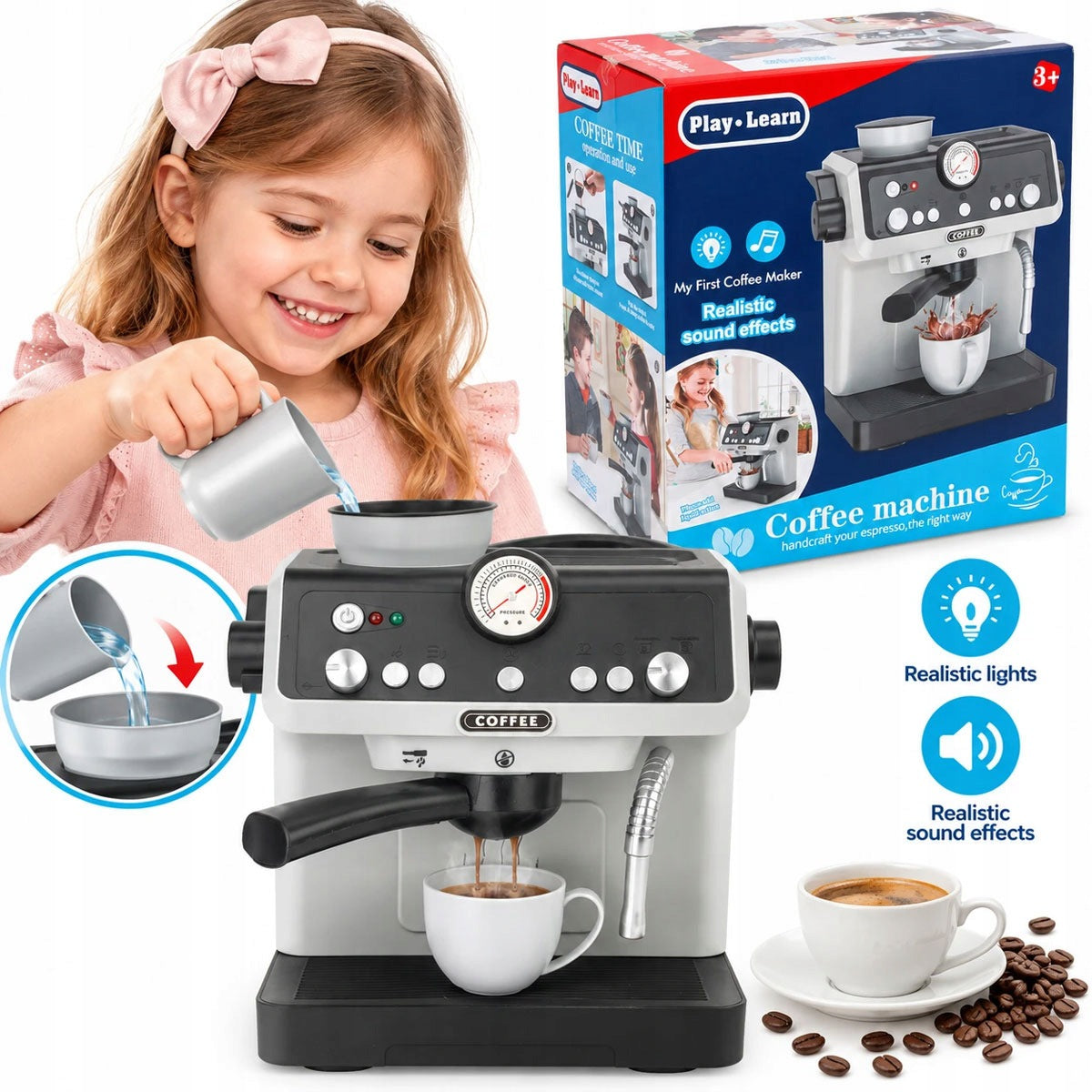 Small Barista COFFEE MAKER for Kids Toy Household Appliances Water Sound Light