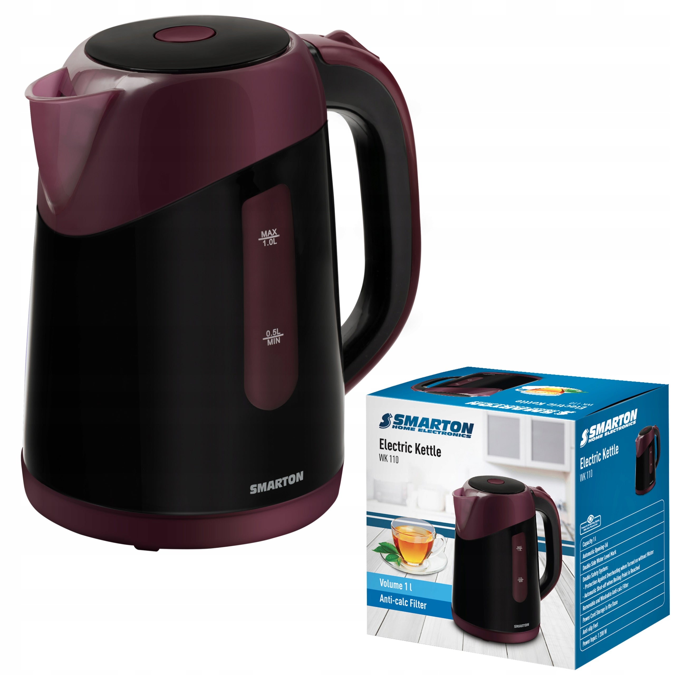 Small Electric Kettle SMARTON WK 110 1 Liter POWER 1200W ROTATING 360 Black EAN (GTIN) 8590669353194