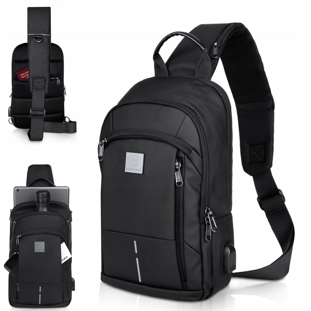 Small Men's Backpack One Shoulder Crossbody Bag Waterproof Black USB