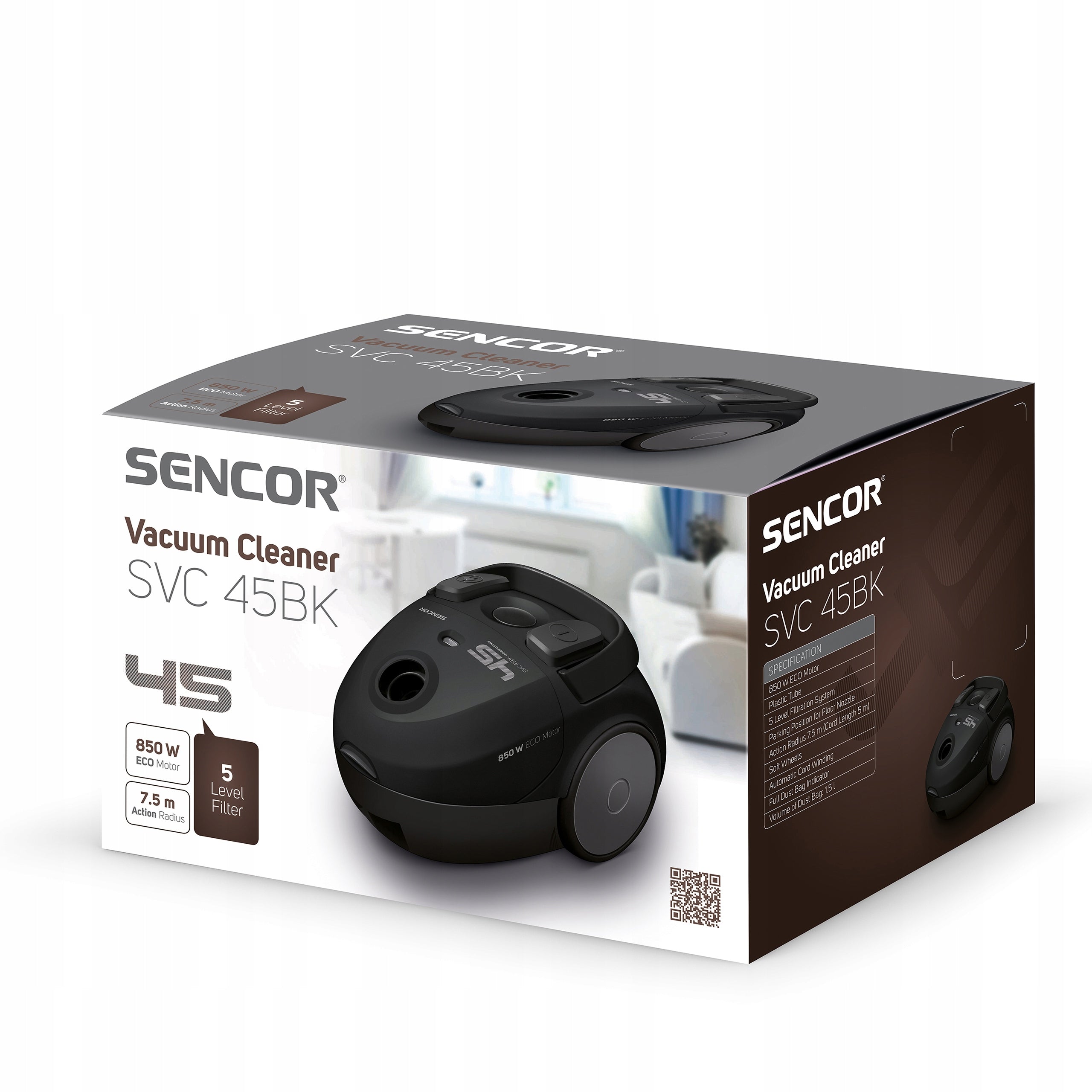 Small POWERFUL bagged vacuum cleaner 850W HEPA black 1,5L Sencor SVC 45BK-EUE3 Packaging status original
