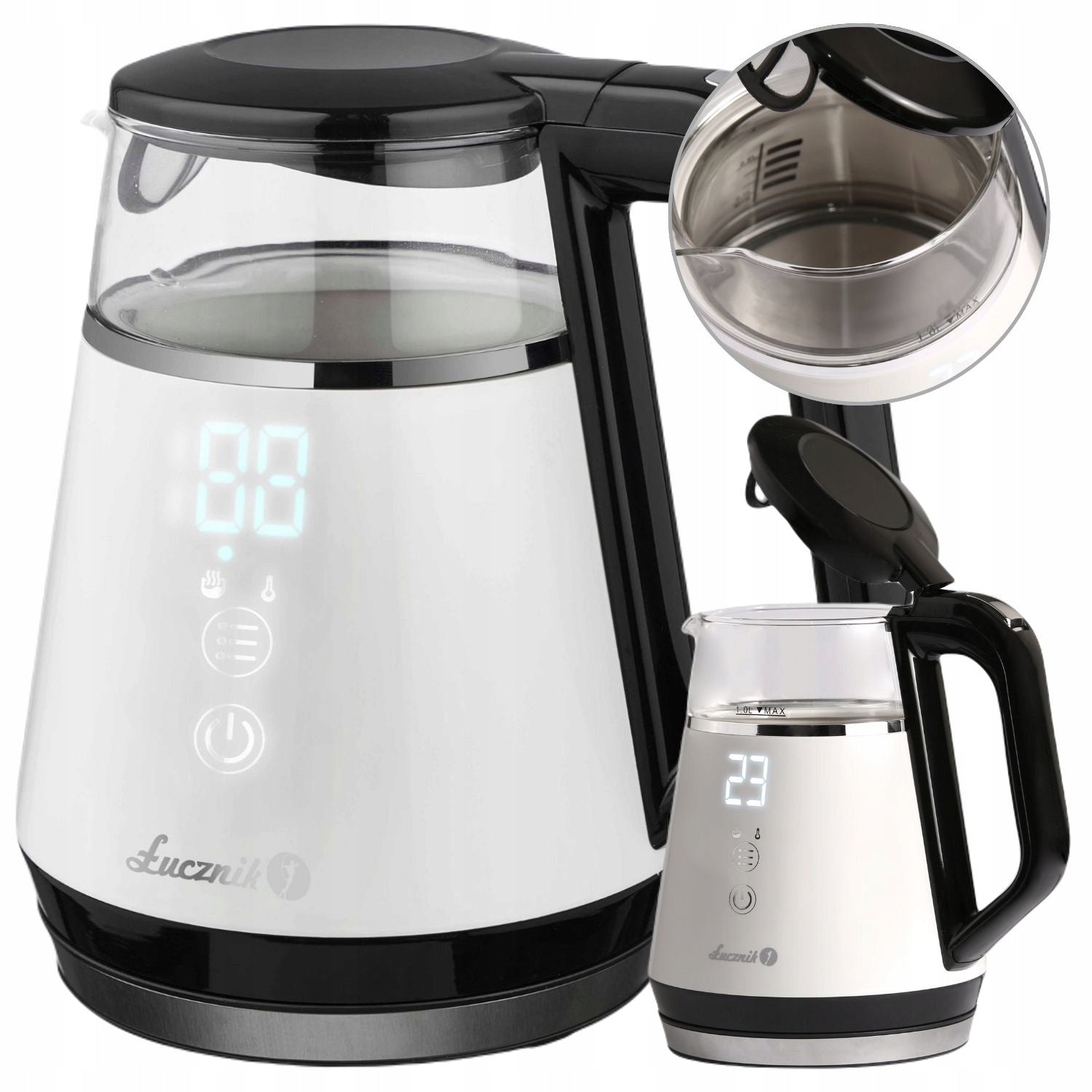 Small electric kettle Łucznik 1L temperature control keep warm glass