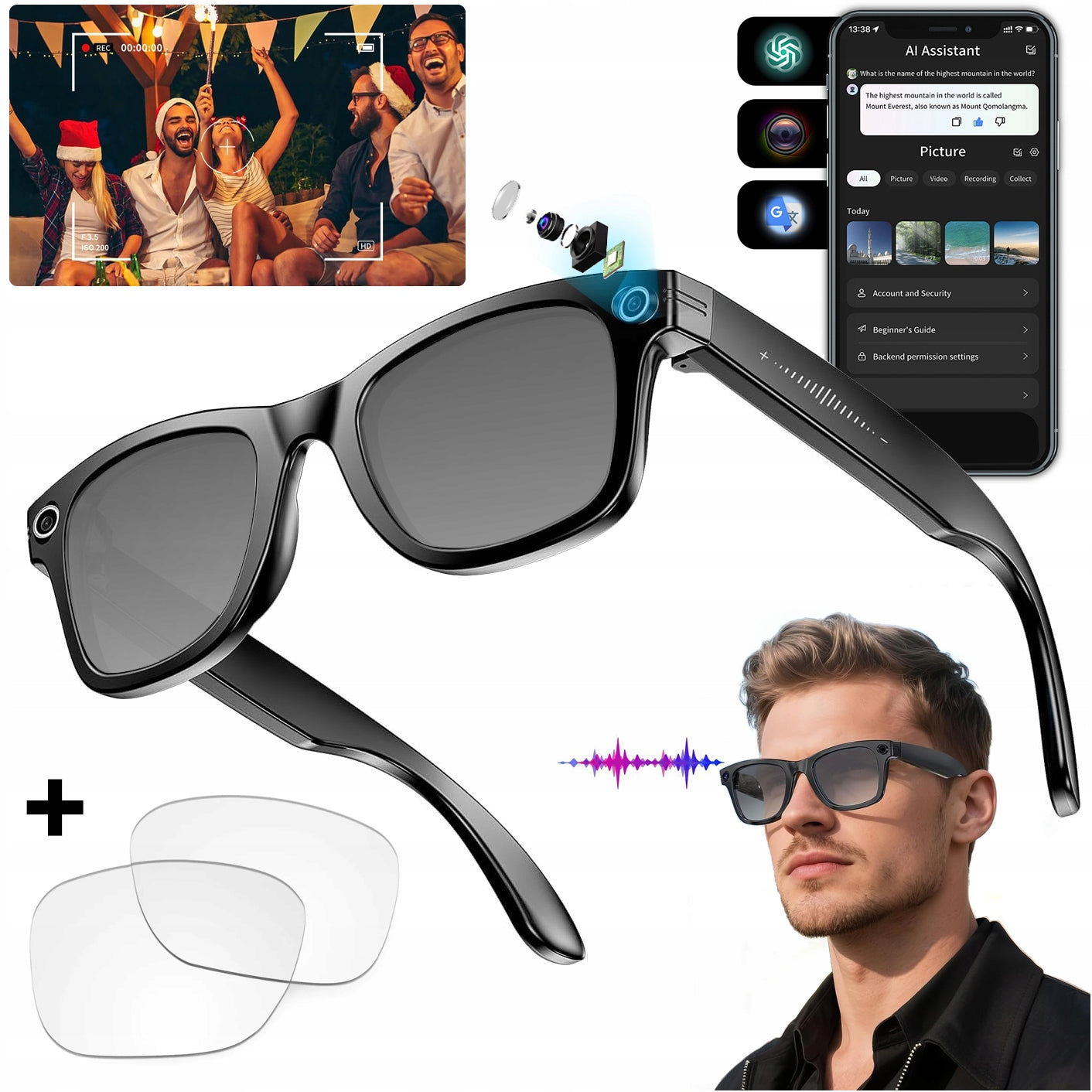 Smart AI Glasses with HD Camera and Photochromic Language Translation