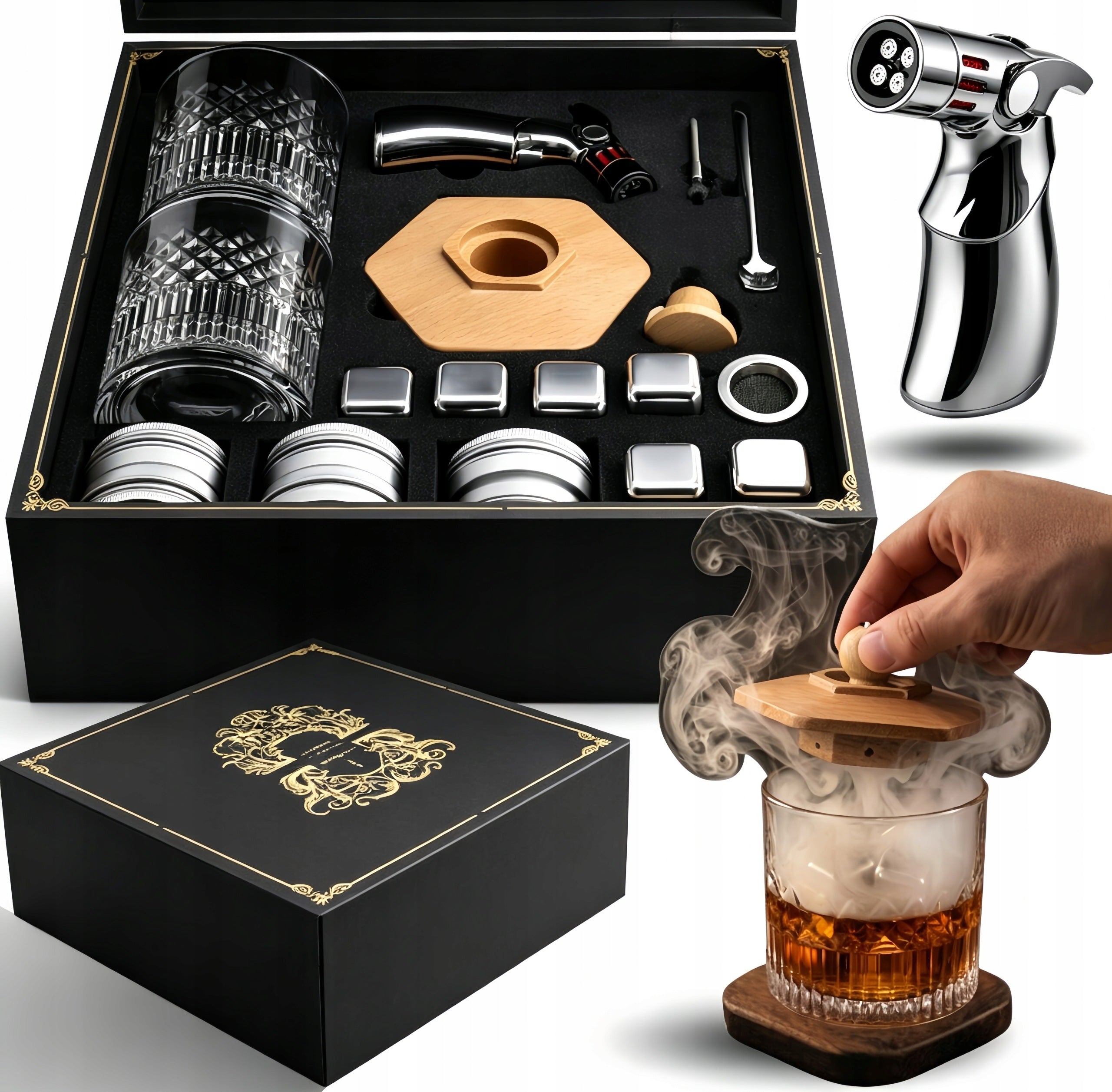 Smoking Set Whisky XXL Gift for Guy Burner 2 Glasses 6 Flavours