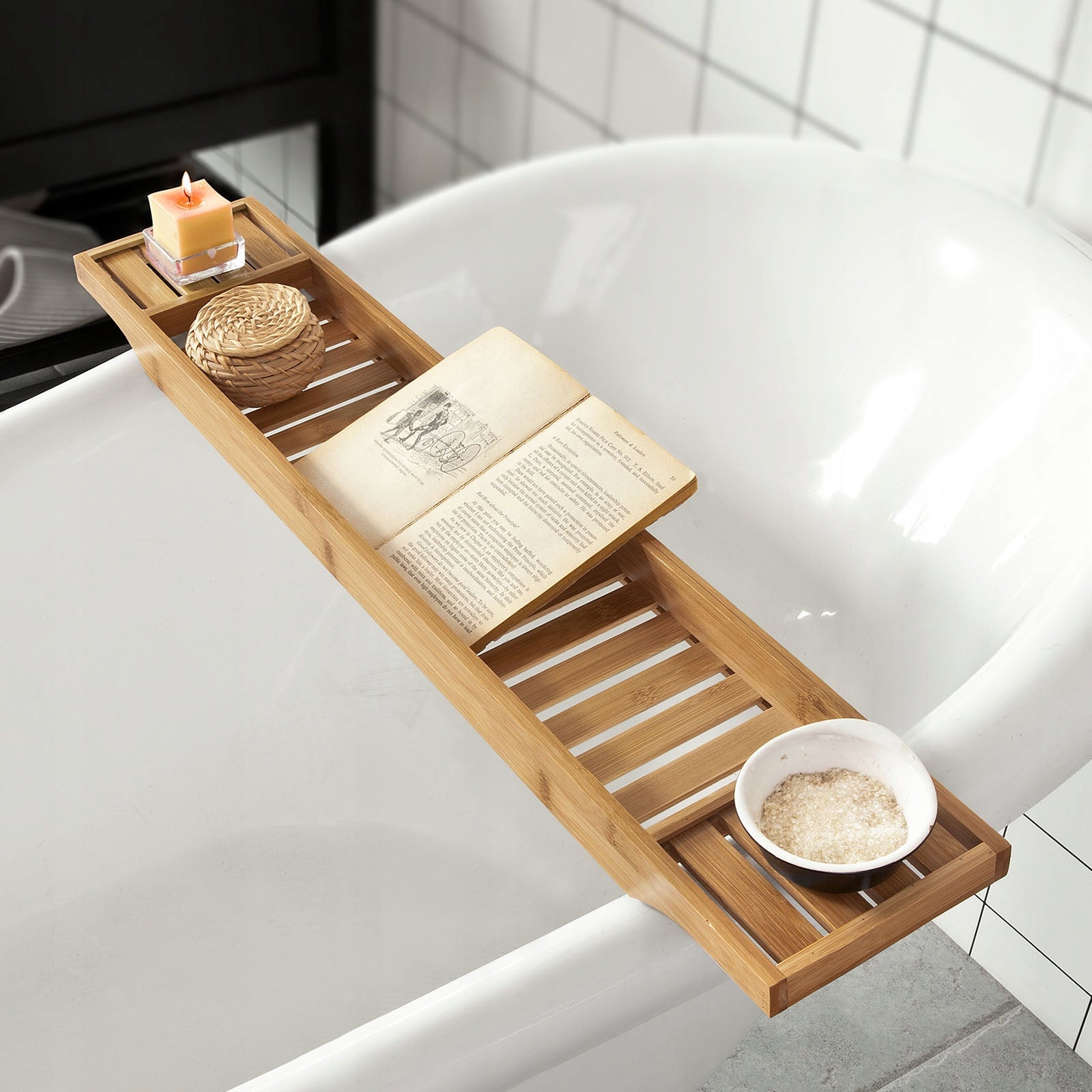 SoBuy FRG212-N Bathtub Shelf with Book Holder Wood Bottle Furniture height 4 cm