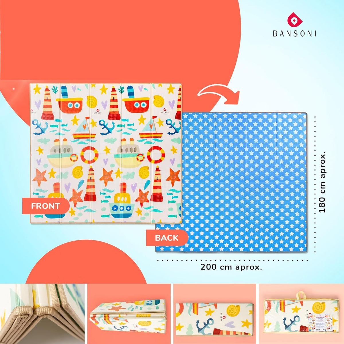 Soft Foam Mat Educational Double Sided Folding for Children 180x200 1cm Kid's age 0＋