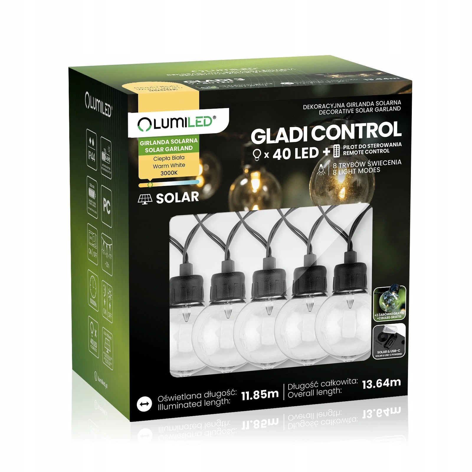 Solar Garden Garland 13,6m 40x LED Balls Remote Control USB-C Timer Heat IP44 Thread type G9