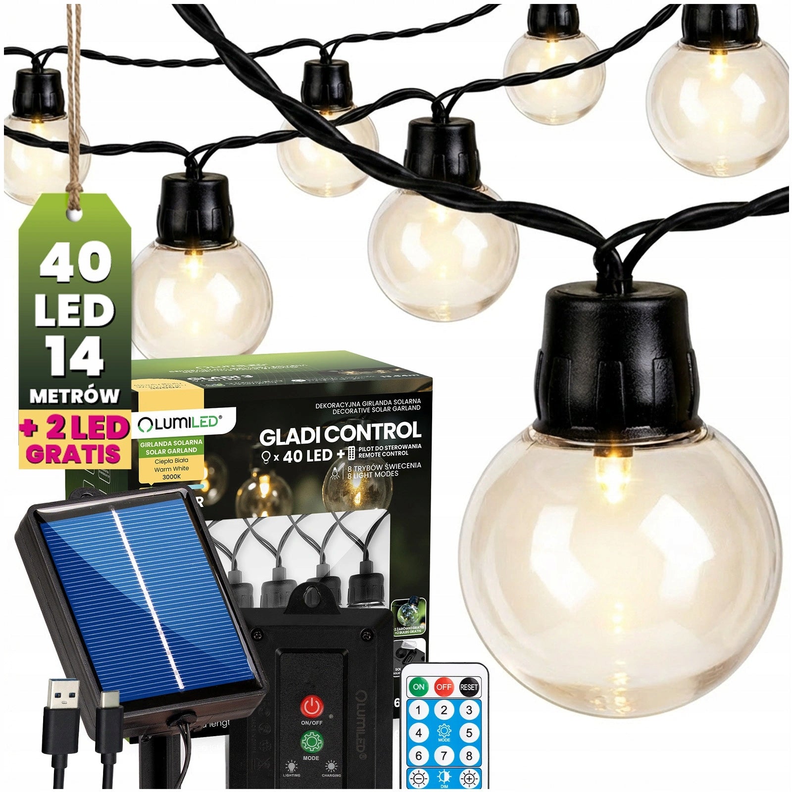 Solar Garden Garland 13,6m 40x LED Balls Remote Control USB-C Timer Heat IP44