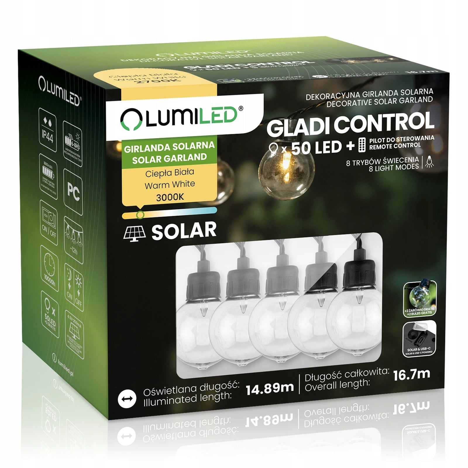 Solar Garden Garland 16,7m 50 LED Balls Remote Control Timer Gladi Lumiled IP44 Thread type GU 5.3