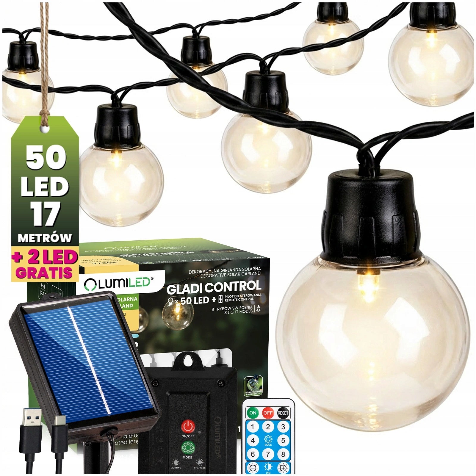 Solar Garden Garland 16,7m 50 LED Balls Remote Control Timer Gladi Lumiled IP44