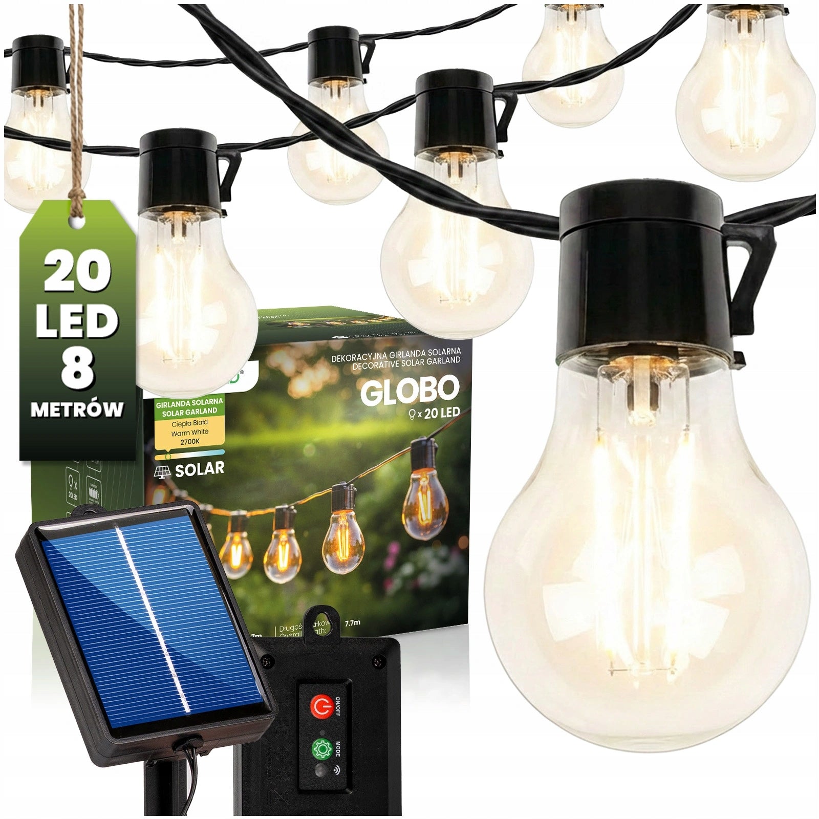 Solar Garden Garland 7,7m 20 LED Bulbs Retro Warm Outdoor Color