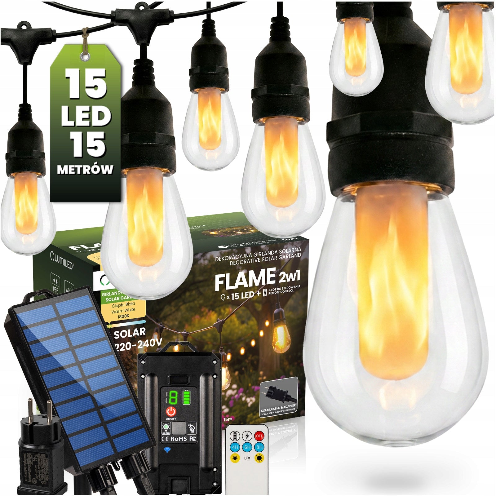 Solar Garden Garland Light 15 LED Flame Effect Fire Lights 15m