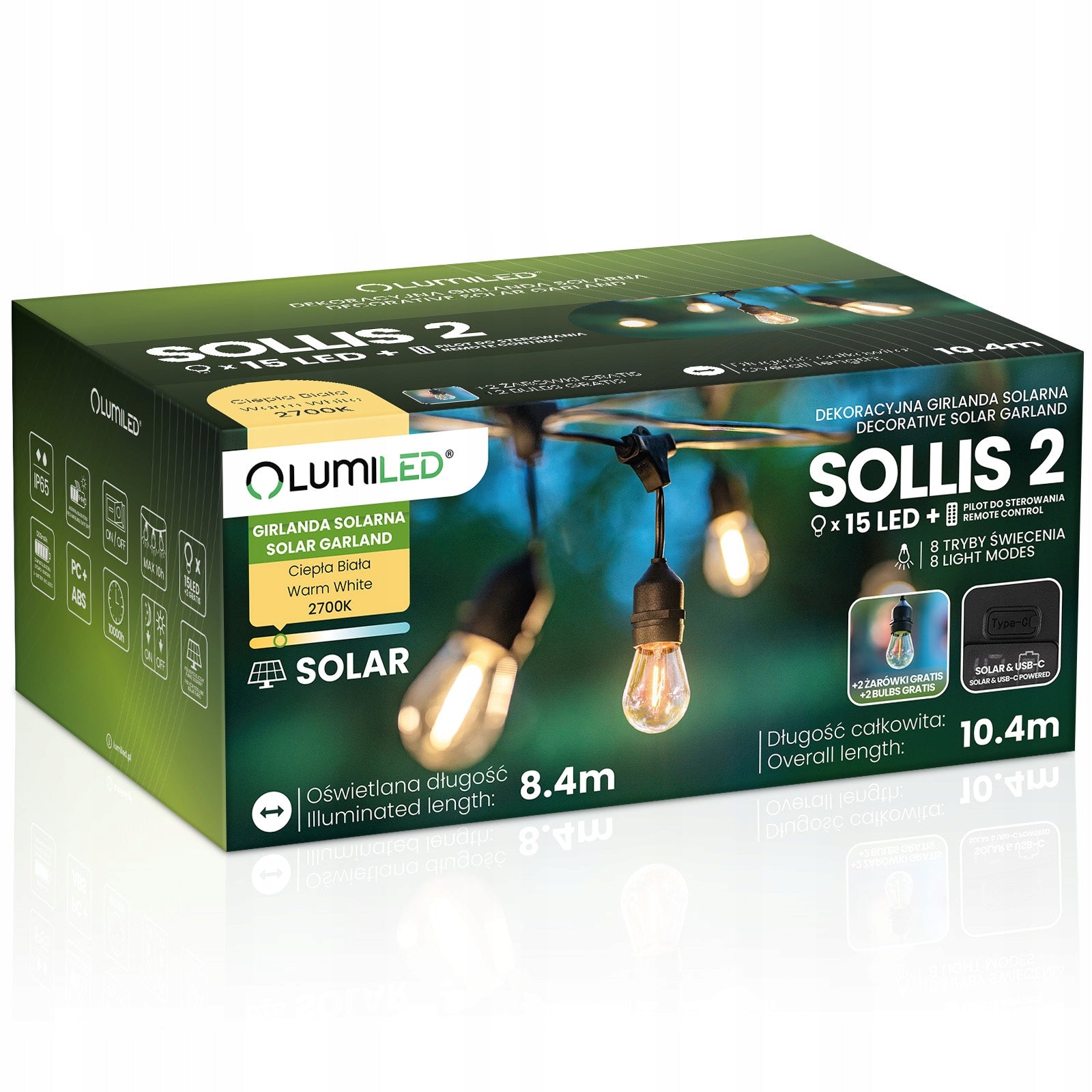 Solar Garden Garland Light 15 LED for Balcony Terrace 10m IP65 + PILOT Length 1040 cm