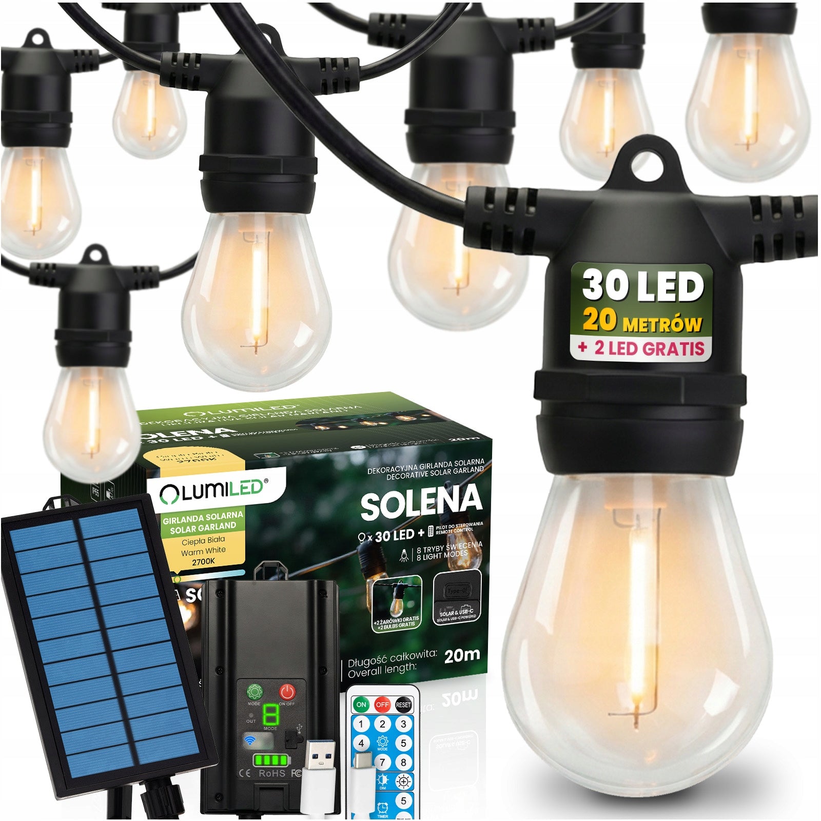 Solar Garden Garland Light 30x LED BULB Balcony Terrace 20m PILOT