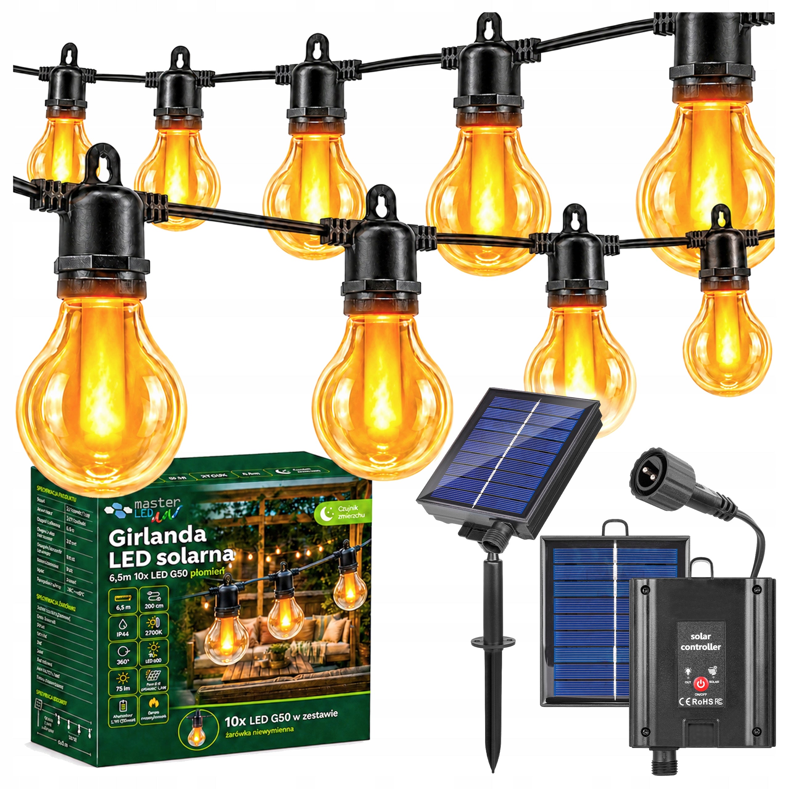 Solar Garden Garland Light 6,5M 10X LED Bulb G50 Flame