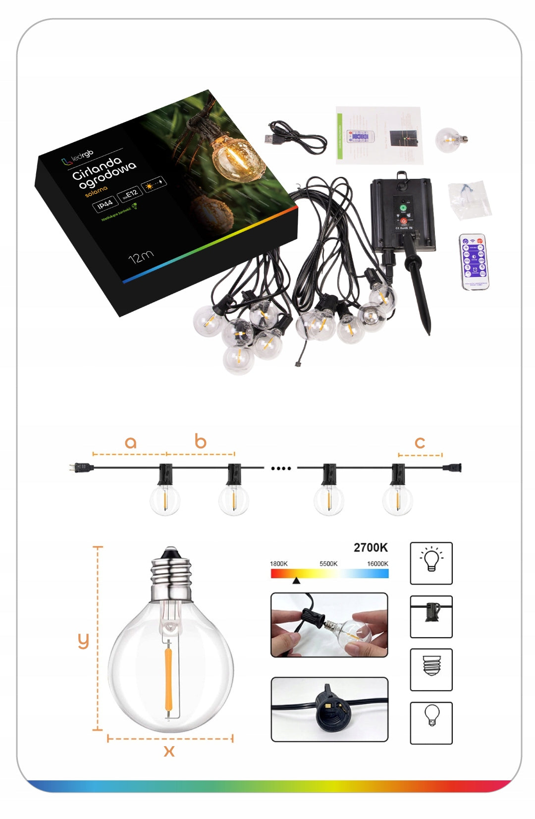 Solar Garden Light Garland 12m 30+1 LED Solar Light Bulbs Number of light points 31 - 40
