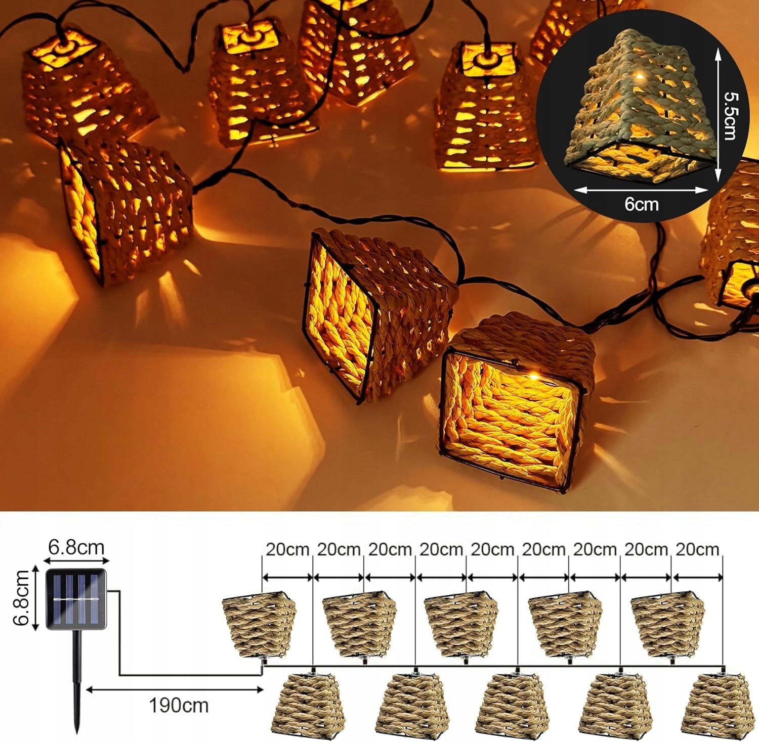 Solar Garden Lights Rattan 10 LED Waterproof Globe diameter 6 cm