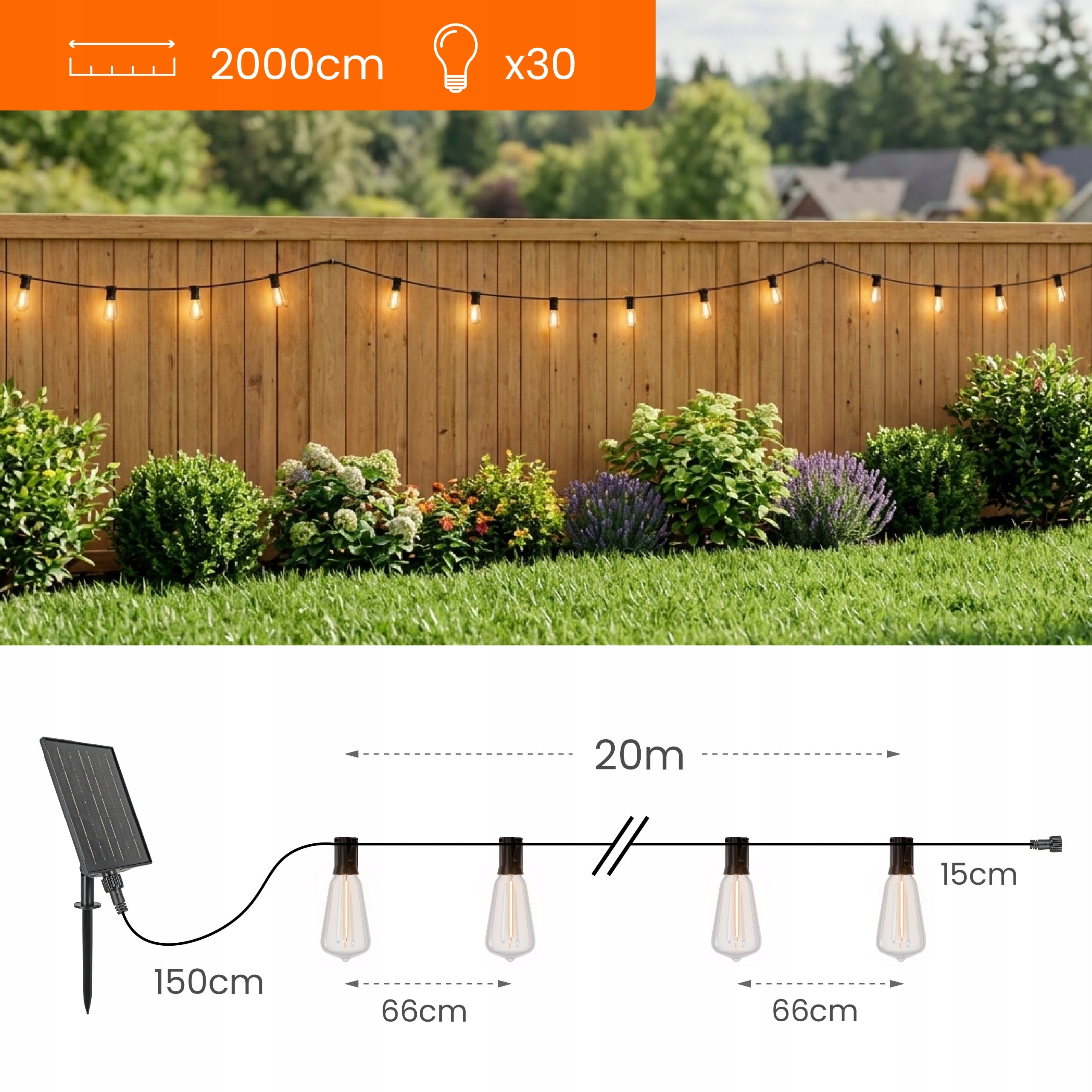 Solar Garland Garden LED Solar Lights 20m 30x Bulb E12 + Remote Control Number of light points 21 - 30