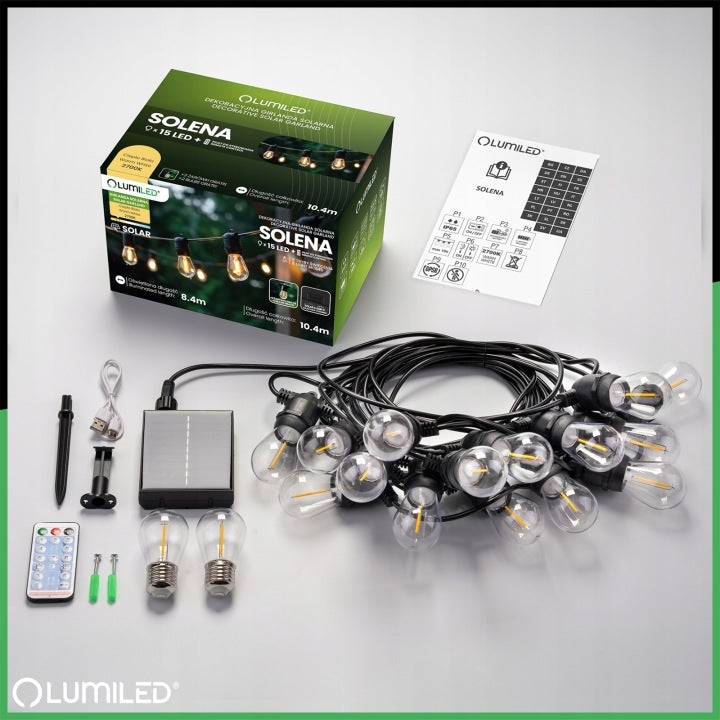 Solar Garland Garden Light 15 LED CORD for Balcony Terrace 10m + PILOT Length 1040 cm