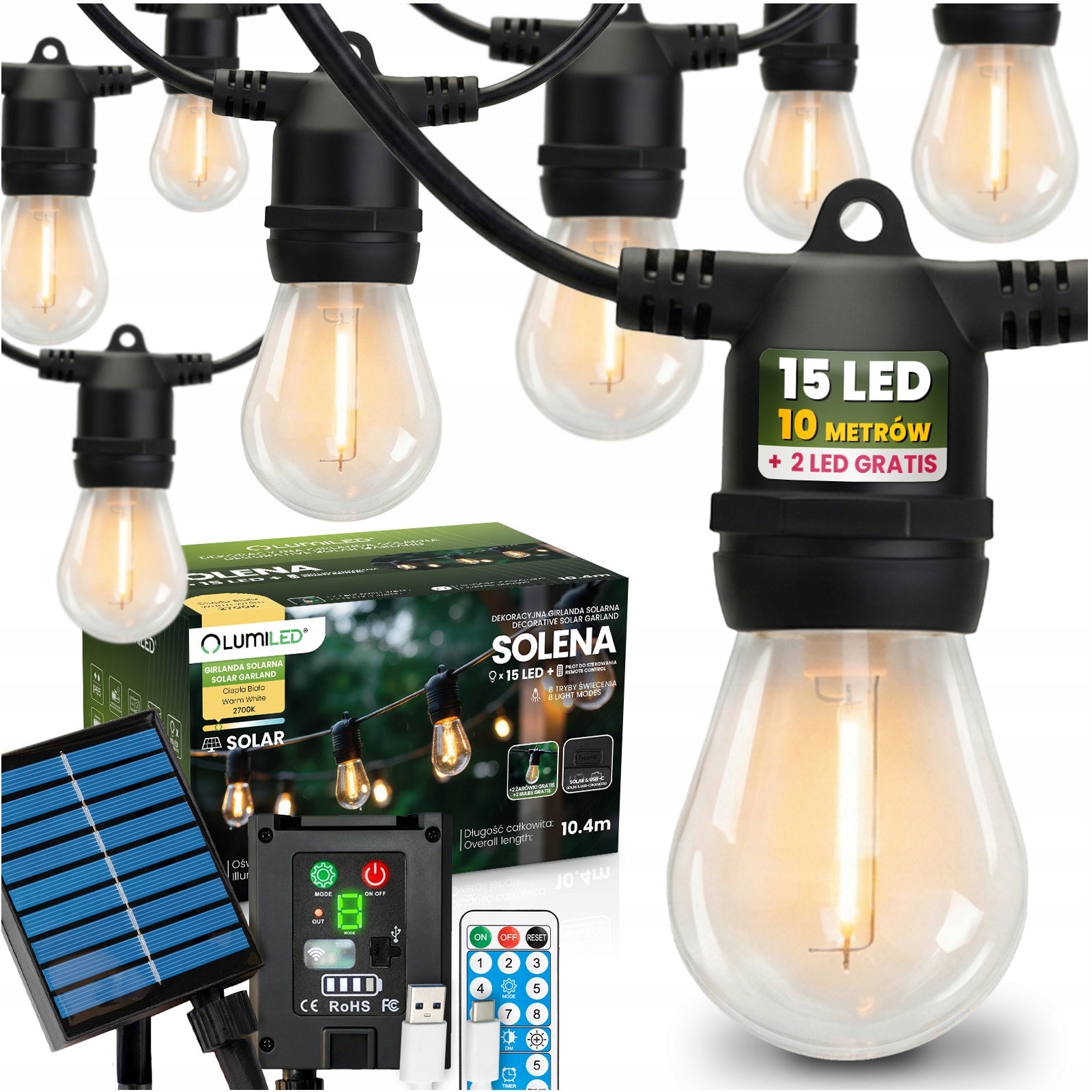 Solar Garland Garden Light 15 LED CORD for Balcony Terrace 10m + PILOT