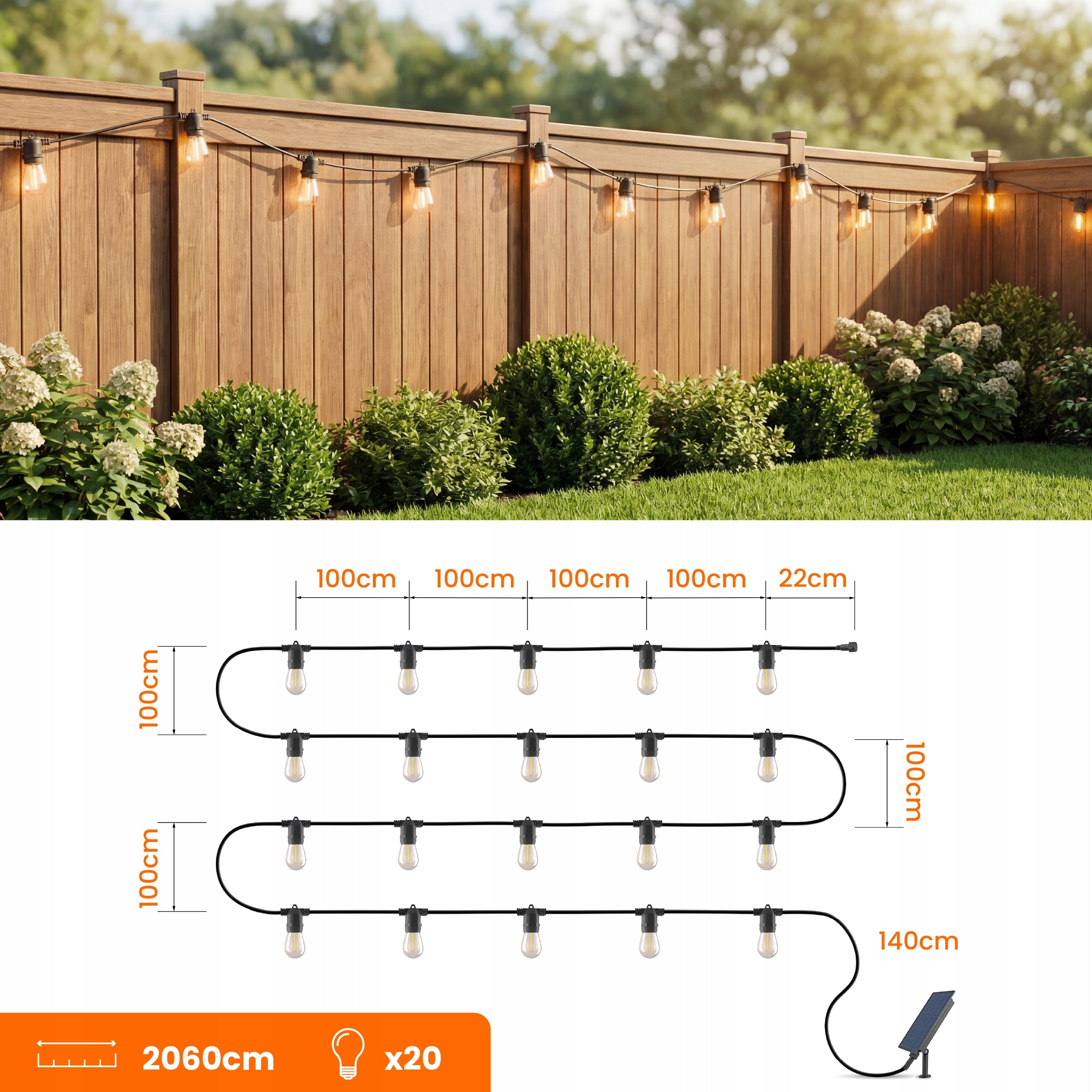 Solar Garland Garden Solar Lights 20m 20X LED Bulb E27 + Remote Control Globe diameter 4.5 cm