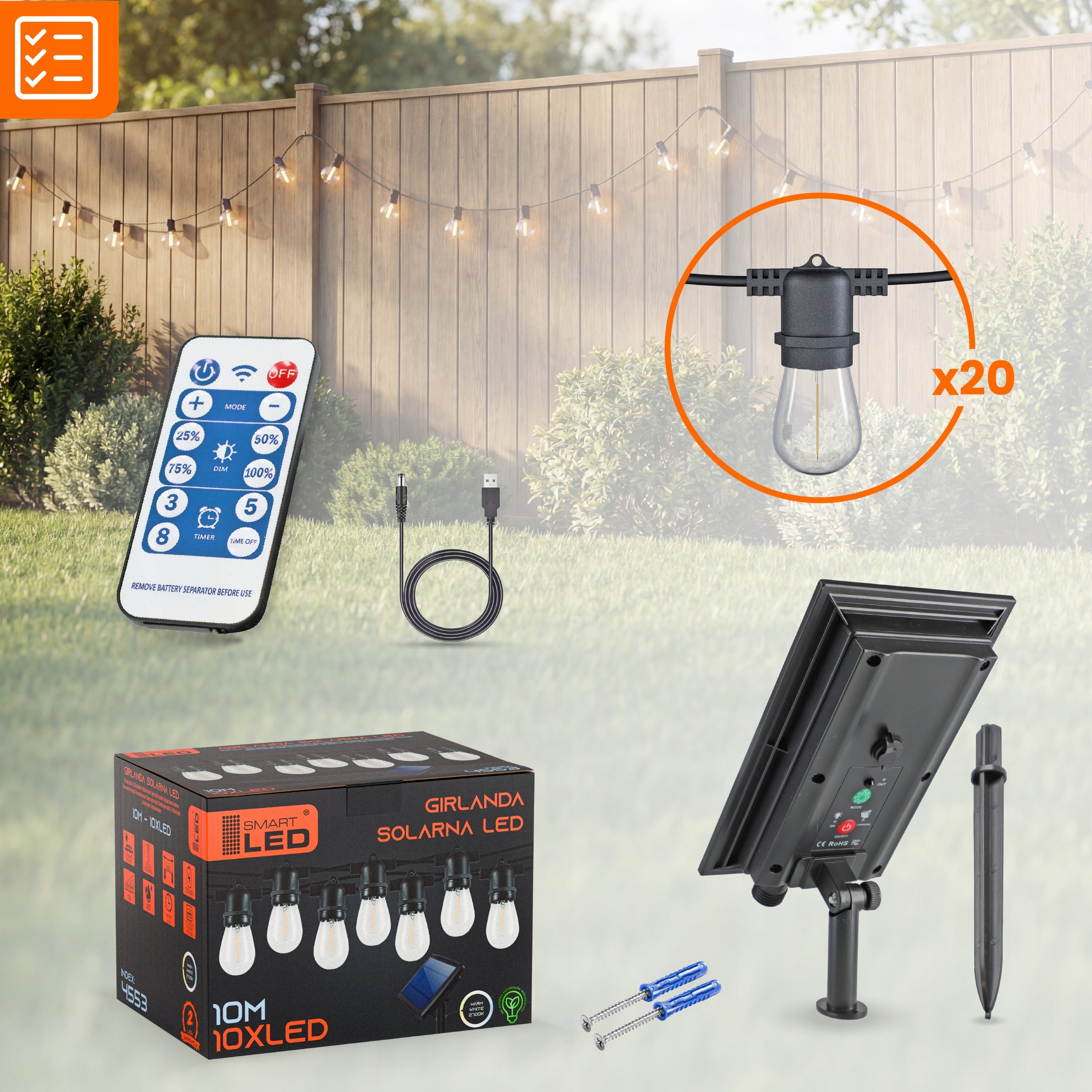 Solar Garland Garden Solar Lights 20m 20X LED Bulb E27 + Remote Control Number of light points 11 - 20