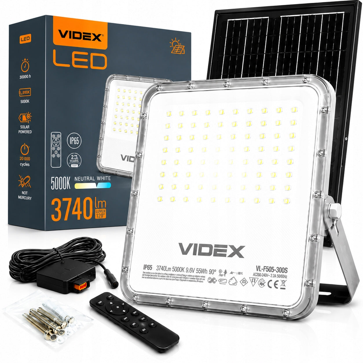 Solar LED Floodlight Lamp 35W 3740lm 5000K 90° IP65 IK07 Grey