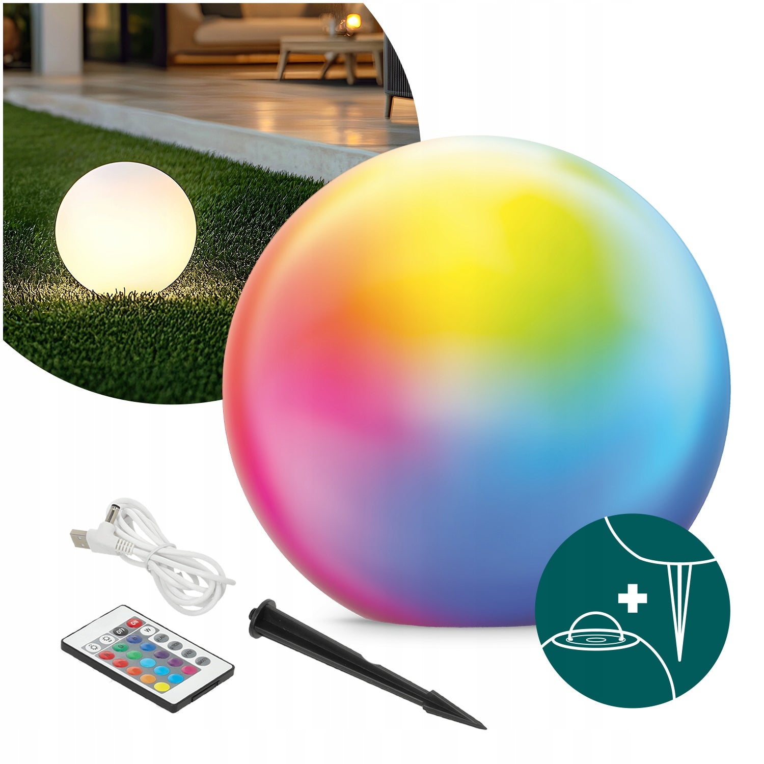 Solar LED Garden Lamp Standing BALL 30cm RGB with Remote Control STANDING HAMMERED