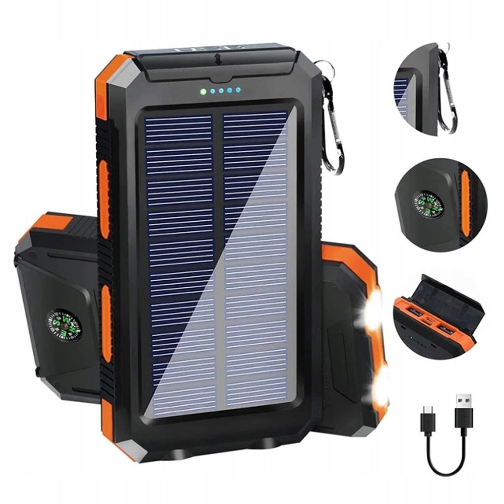 Solar Power Bank 10000 Mah Waterproof Induction With Carabiner Compass