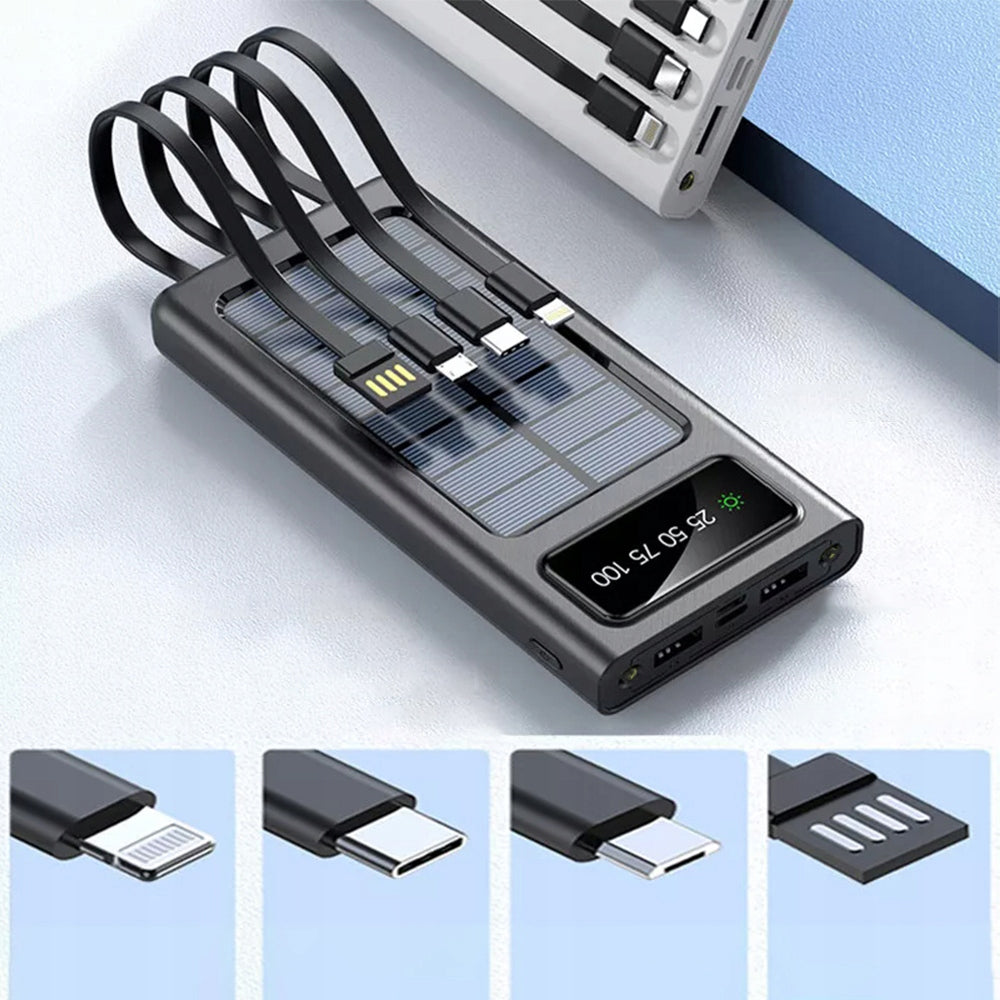 Solar Powerbank 20000Mah With Cables Charging Black Display Flashlight Battery capacity 20000 mAh