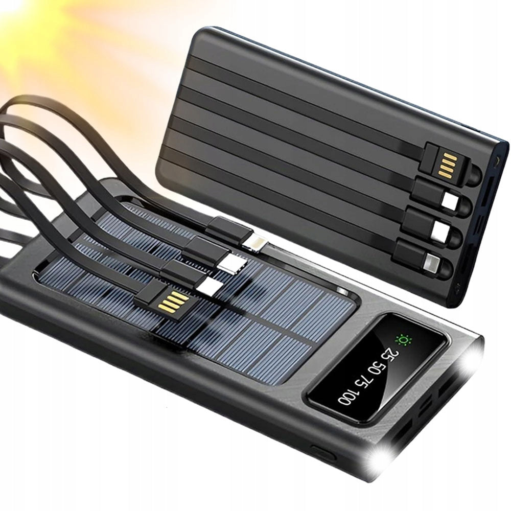 Solar Powerbank 20000Mah With Cables Charging Black Display Flashlight