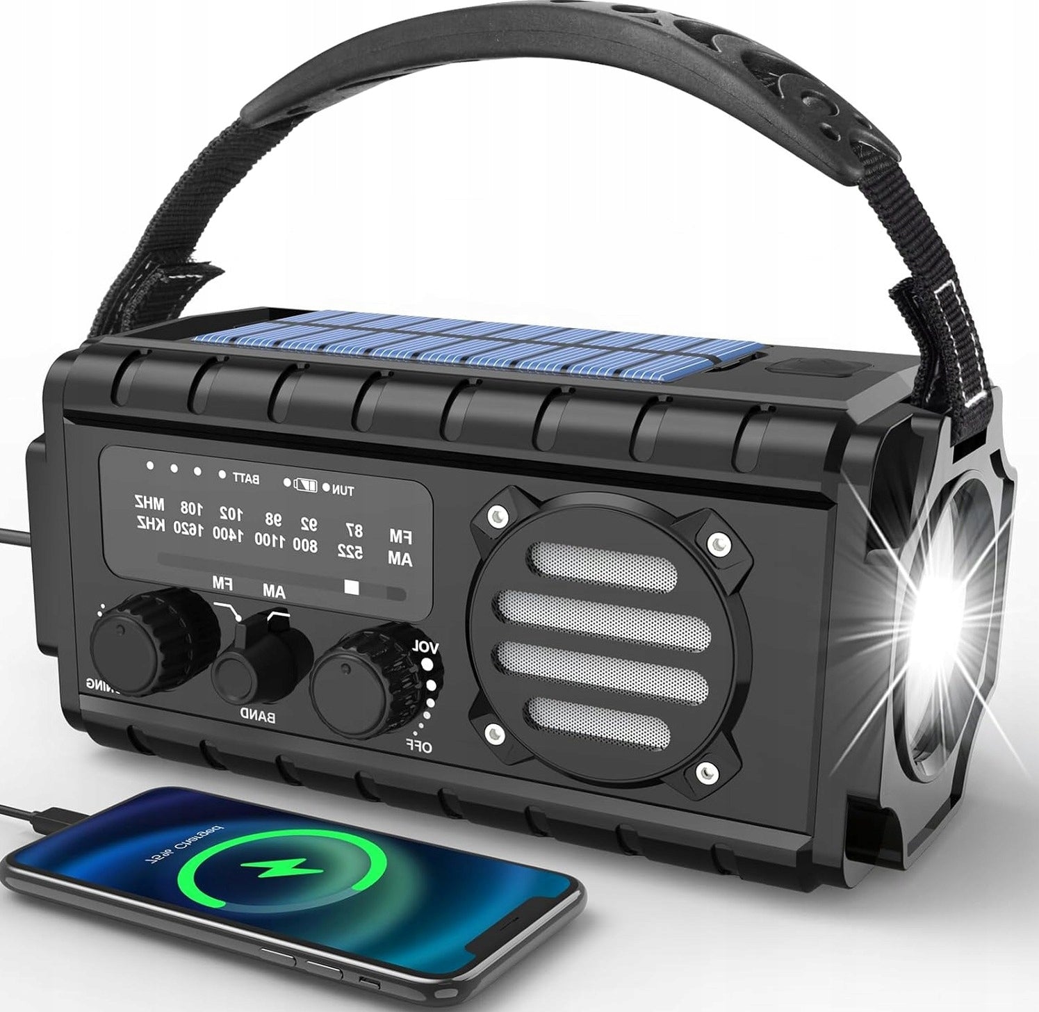 Solar emergency radio portable with crank dynamo flashlight am fm
