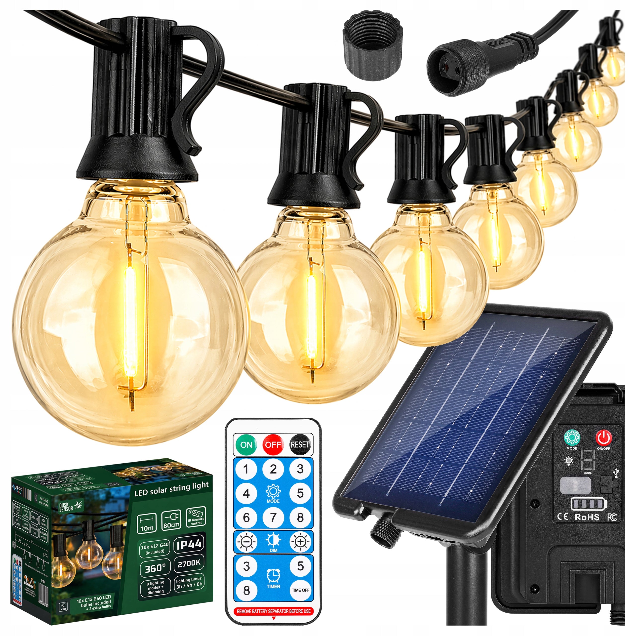 Solar garden garland 10m LED 10x E12 2700K IP44 remote control + 2 bulbs