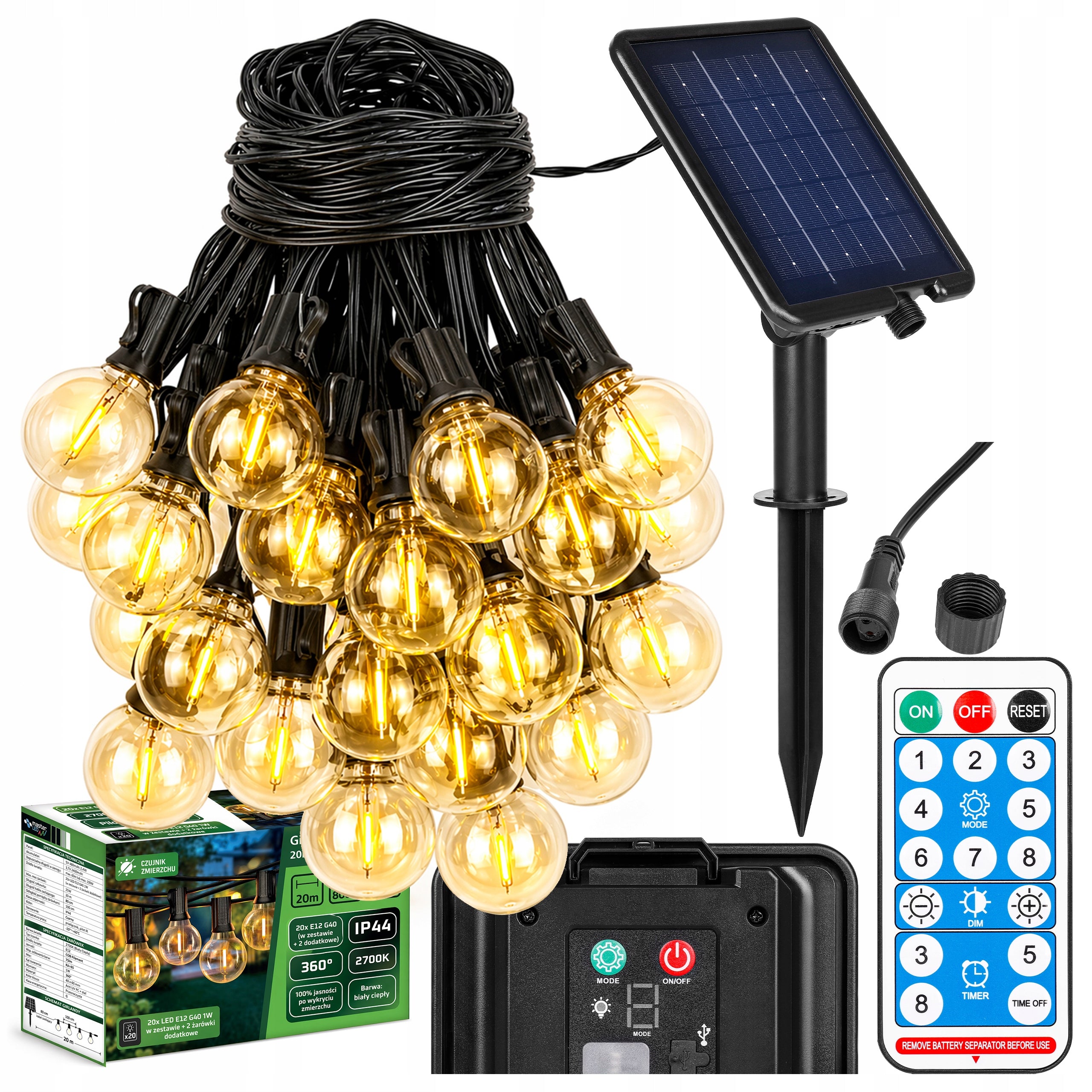 Solar garden garland 20m LED 20x E12 2700K IP44 remote control + 2 bulbs Packaging status original