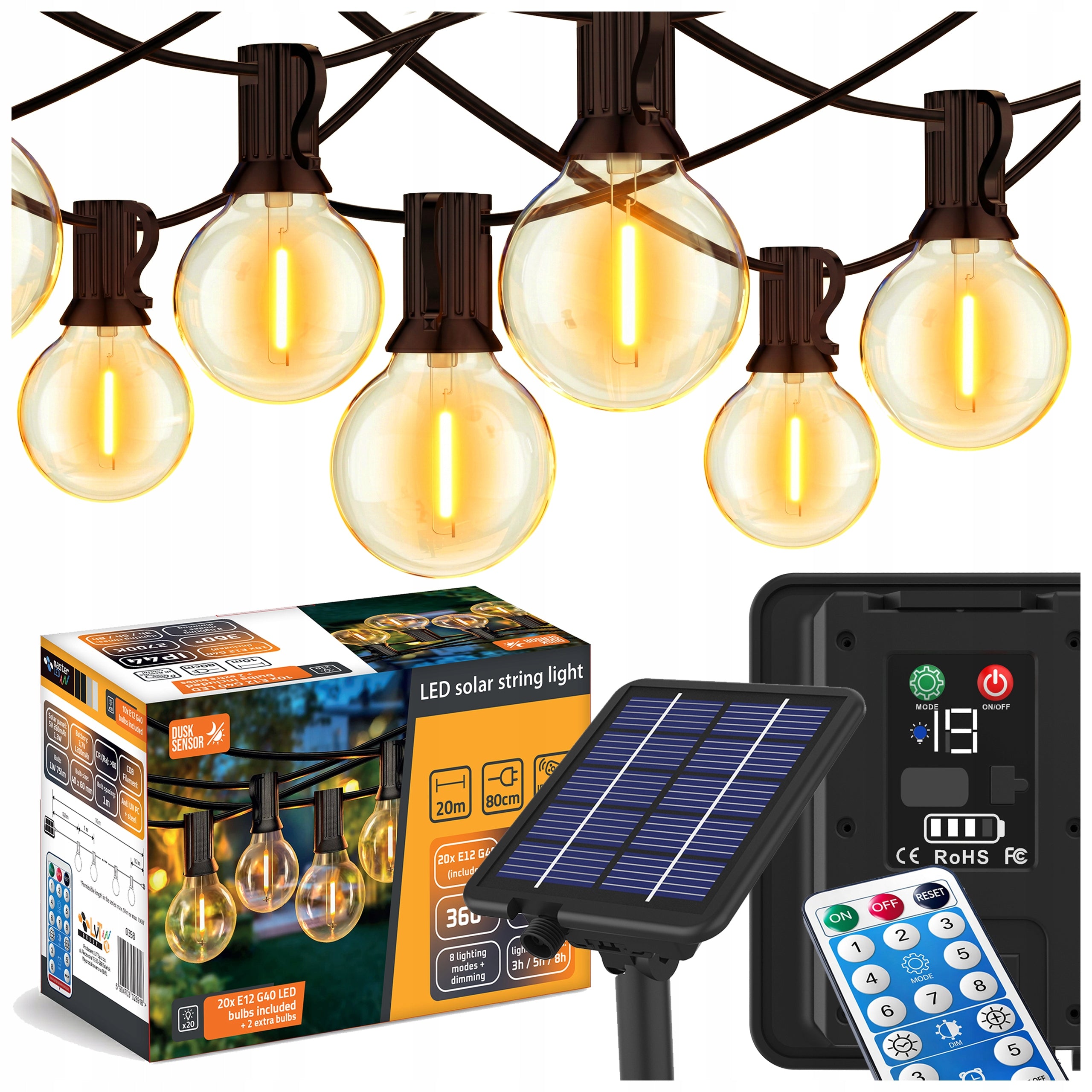 Solar garden garland 20m LED 20x E12 2700K IP44 remote control + 2 bulbs