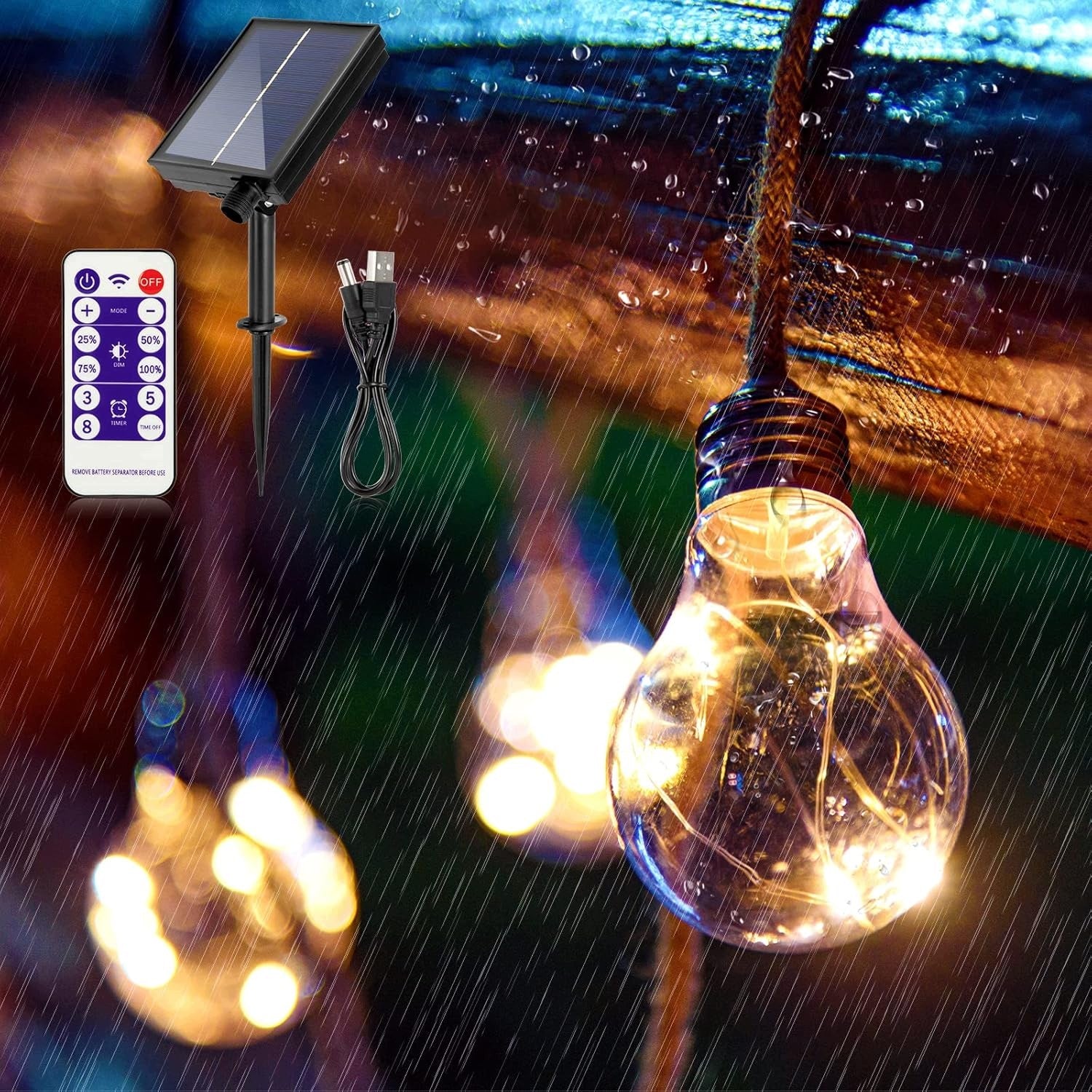 Solar light garland USB 2 charging methods 8 modes remote control