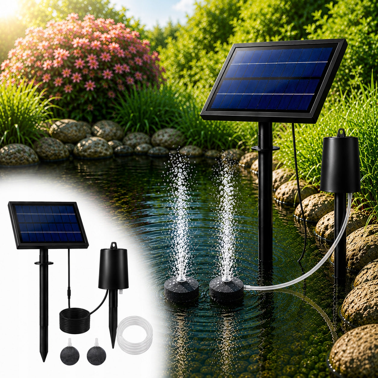 Solární provzdušňovač jezírka AP016 – 2200 mAh baterie, 3 režimy, 8 W panel