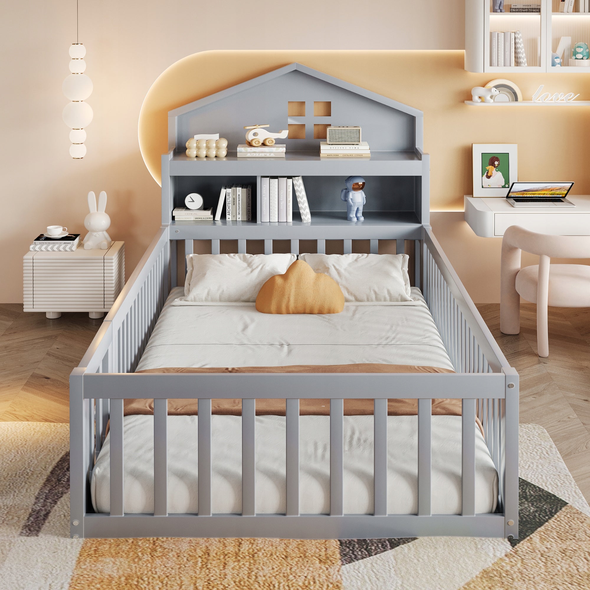 Solid Wood Children's Bed 90x200cm with Safety Gate, Drawers, and Shelves Product width 90 cm